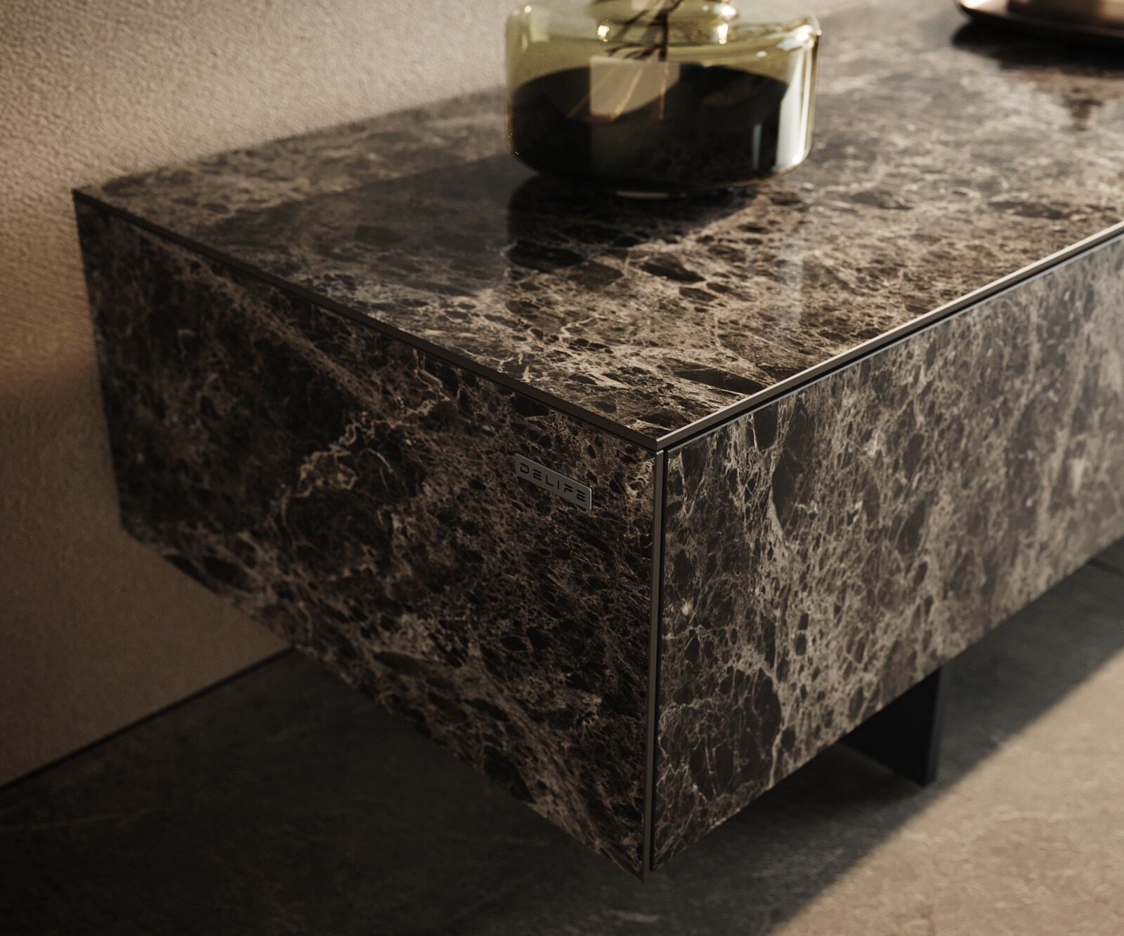 Meuble-TV Cuor 200 cm Céramique Emperador Extra Lucidato brun foncé 1 Clapet 1 Tiroir Pied optique flottant Métal Noir 5
