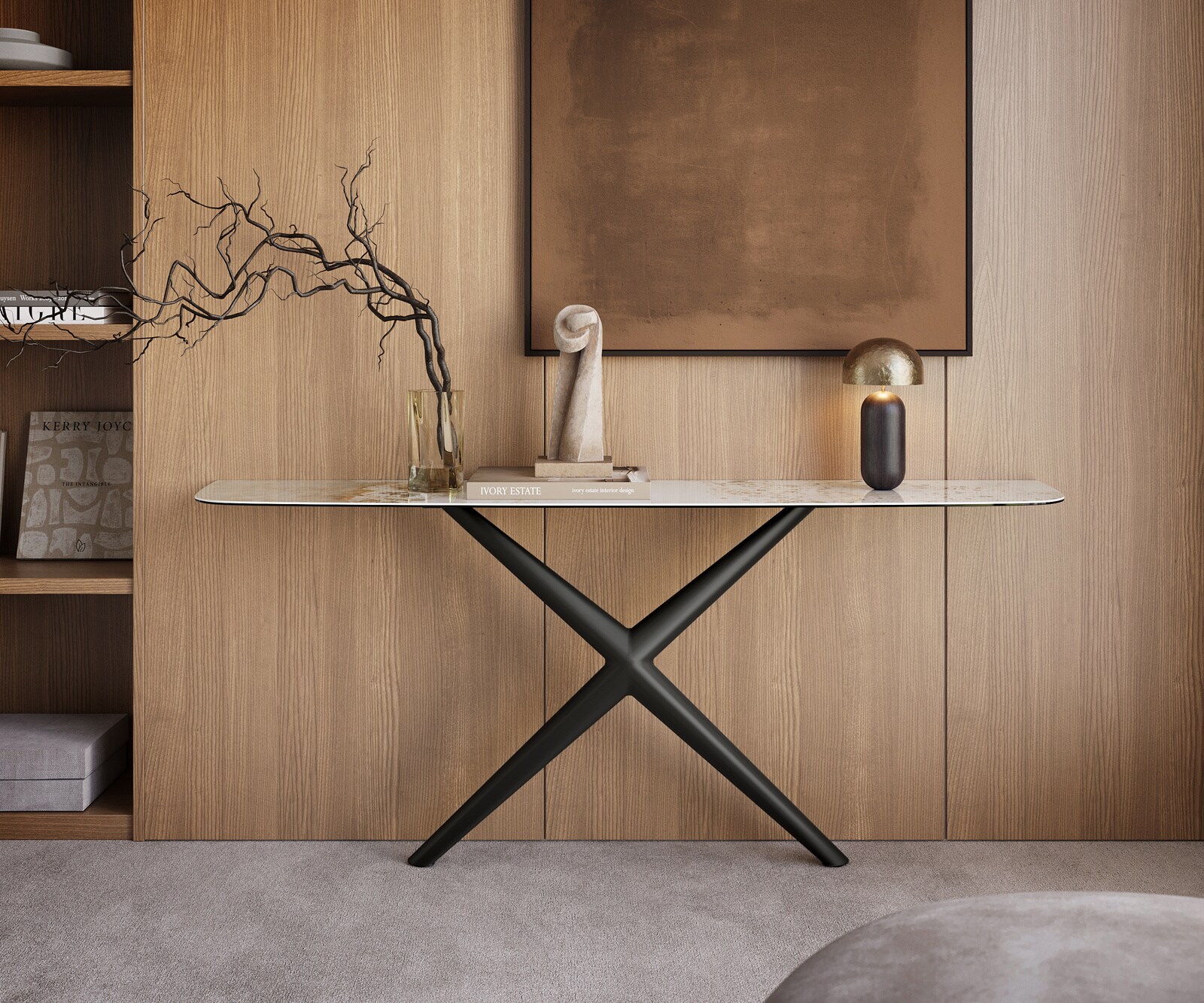 Console Edge forme bateau 180x40 cm Céramique Minas Melange Weiß-Beige Estelo Métal Noir 3