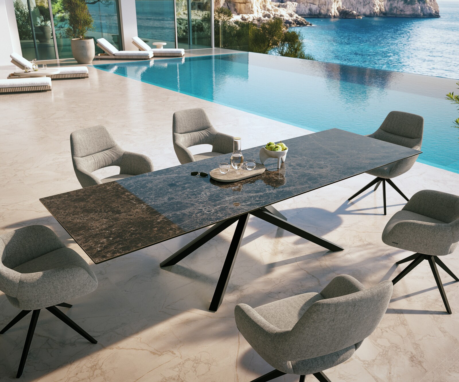 Table d’extérieur Edge 300x100 cm Céramique Emperador Extra Lucidato Brun foncé Piètement croisé rectangulaire Noir 3