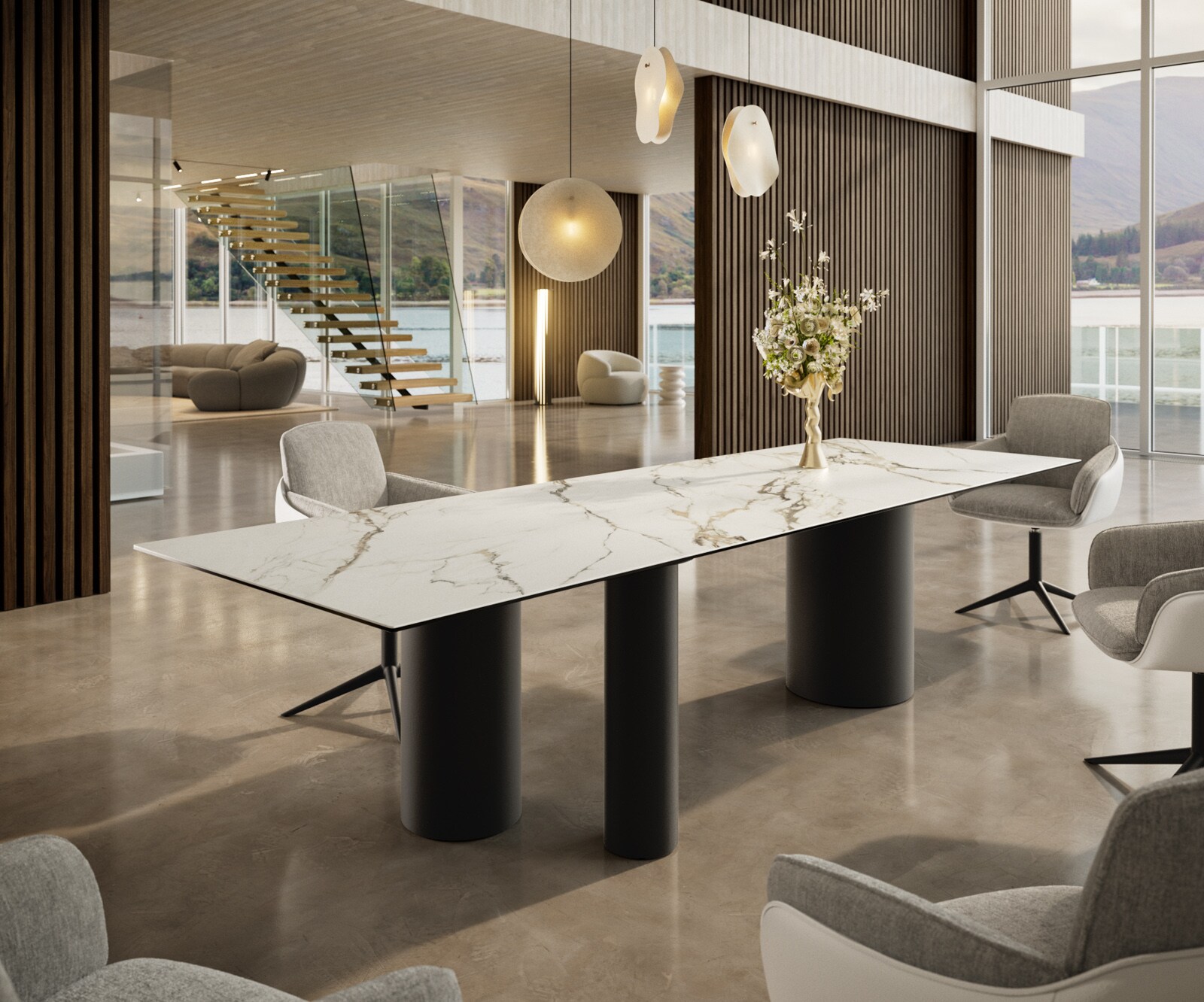 Table à manger Edge 300x100 céramique Calacatta Luxe blanc-doré-gris Troa métal noir 1
