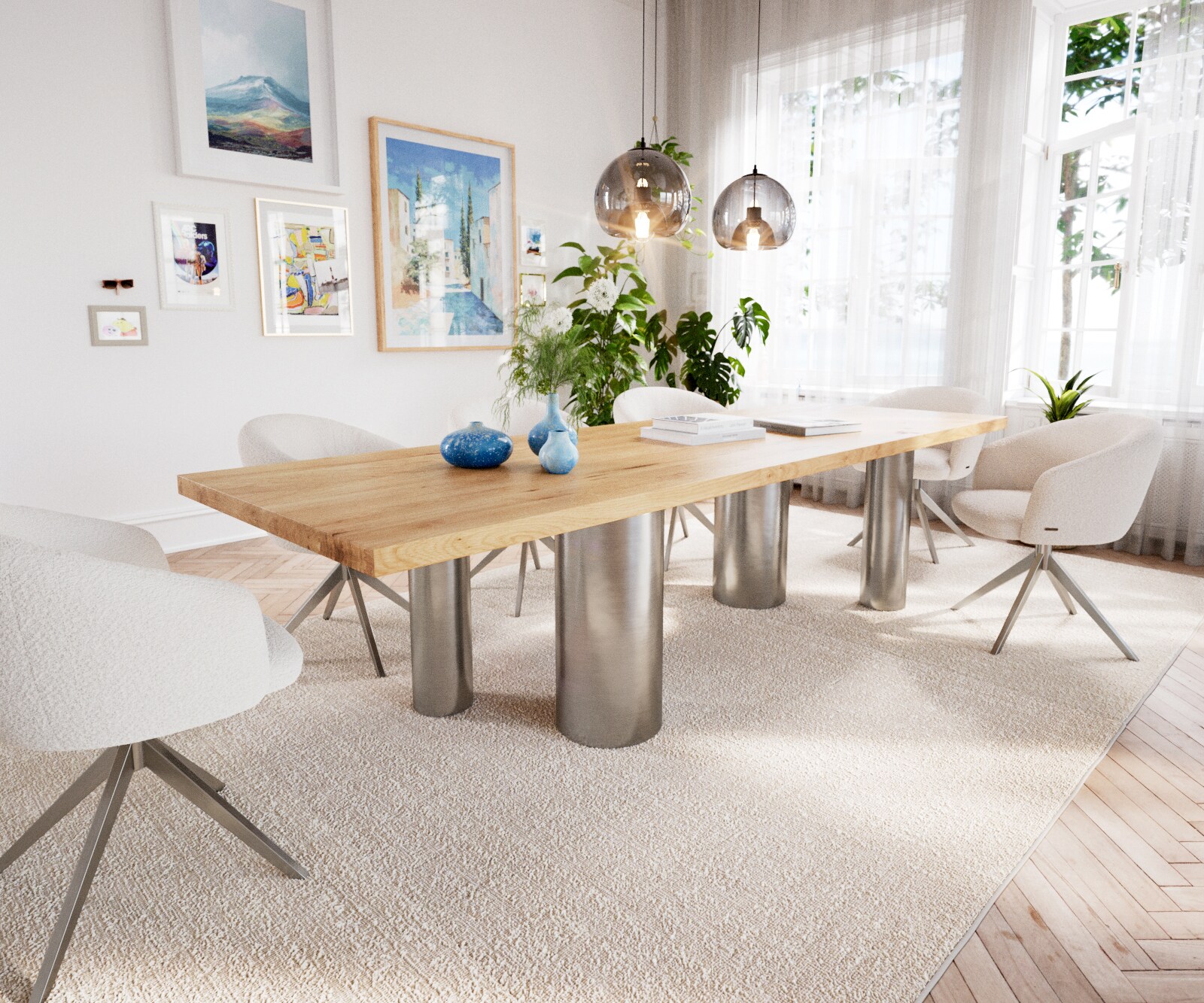 Table à manger Edge 300x100 Chêne Nature Pilier Acier inoxydable brossé 1