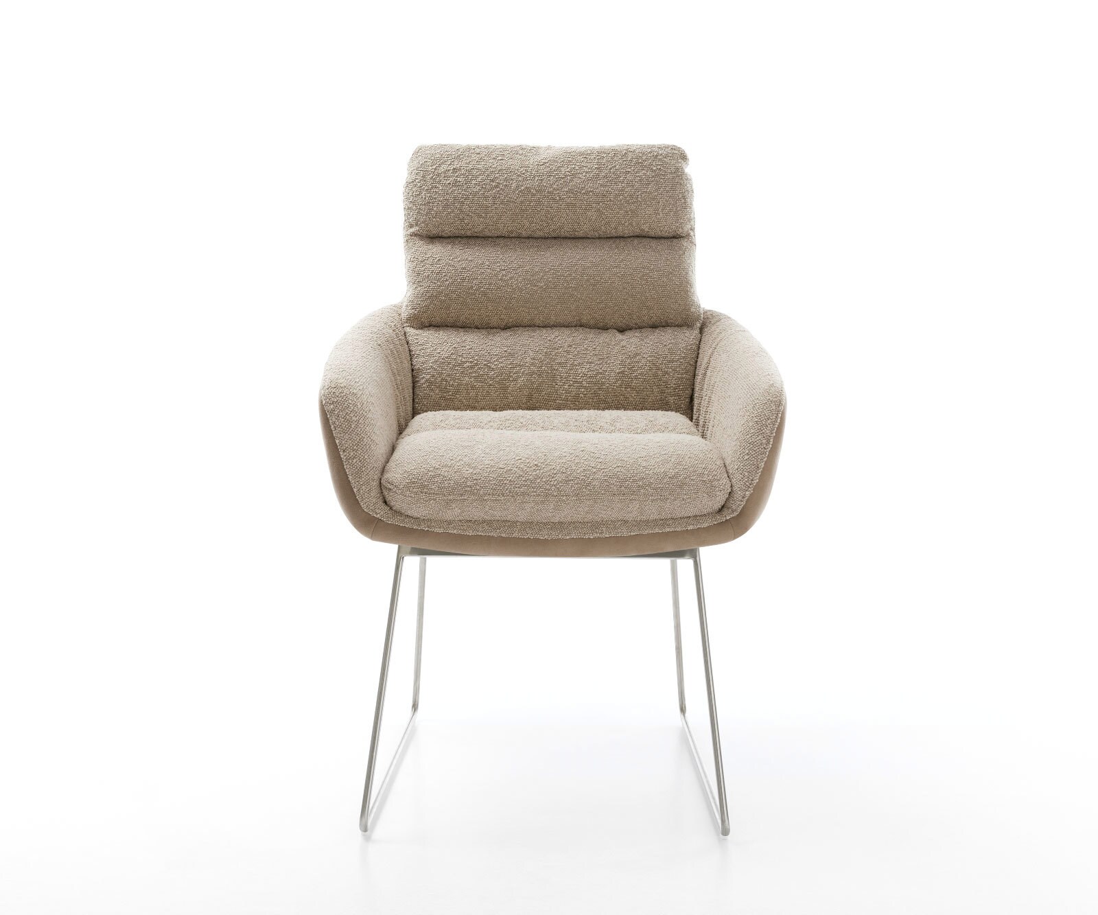 Chaise-de-salle-à-manger Abelia-Flex avec accoudoirs tissu mixte couleur boue pied trapèze acier inoxydable brossé 1 Chaise-de-salle-à-manger Abelia-Flex avec accoudoirs tissu mixte couleur boue pied trapèze acier inoxydable brossé 1