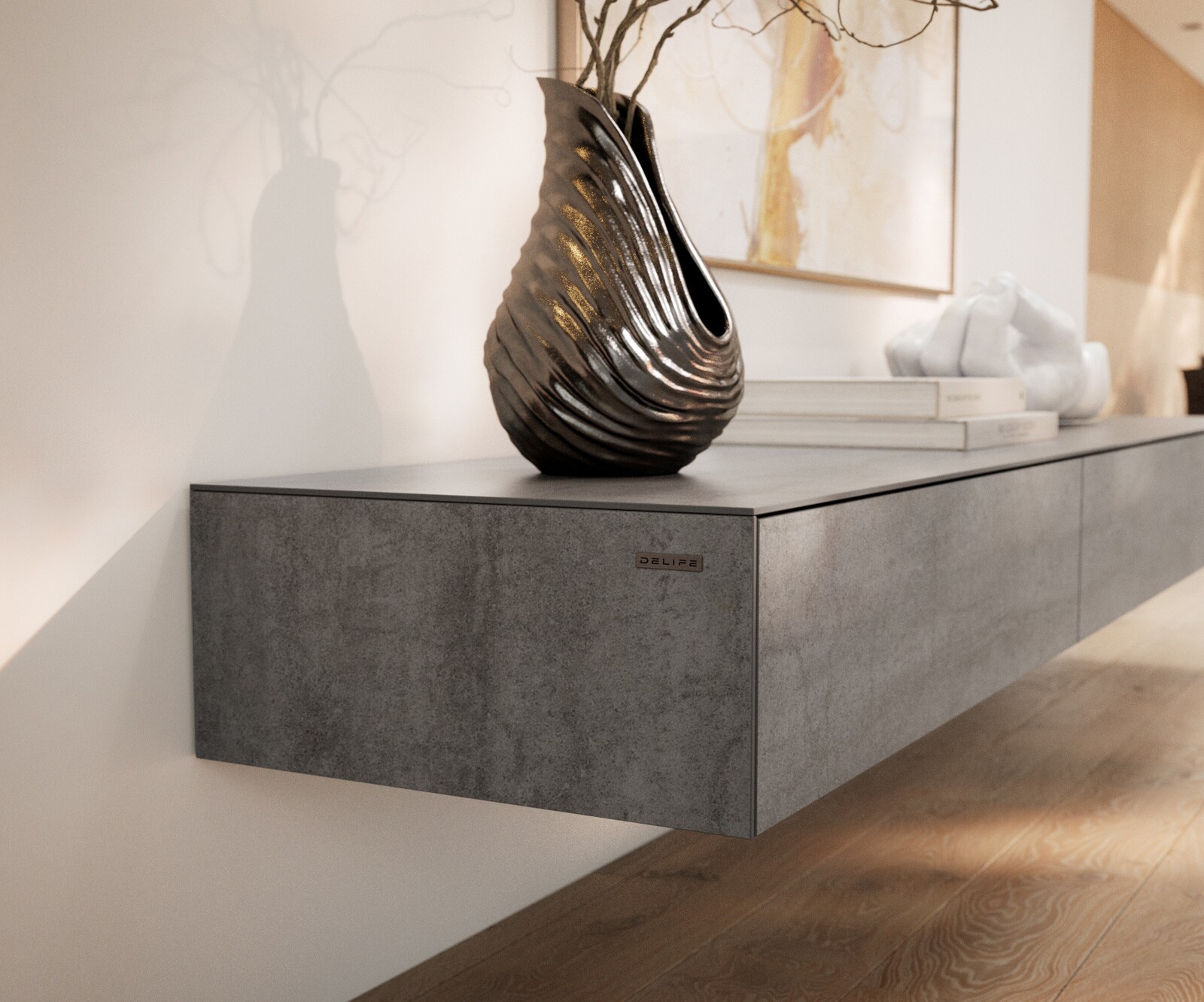Meuble-TV Cuor 200 cm Céramique Béton gris 1 Clapet 1 Tiroir Flottant 6
