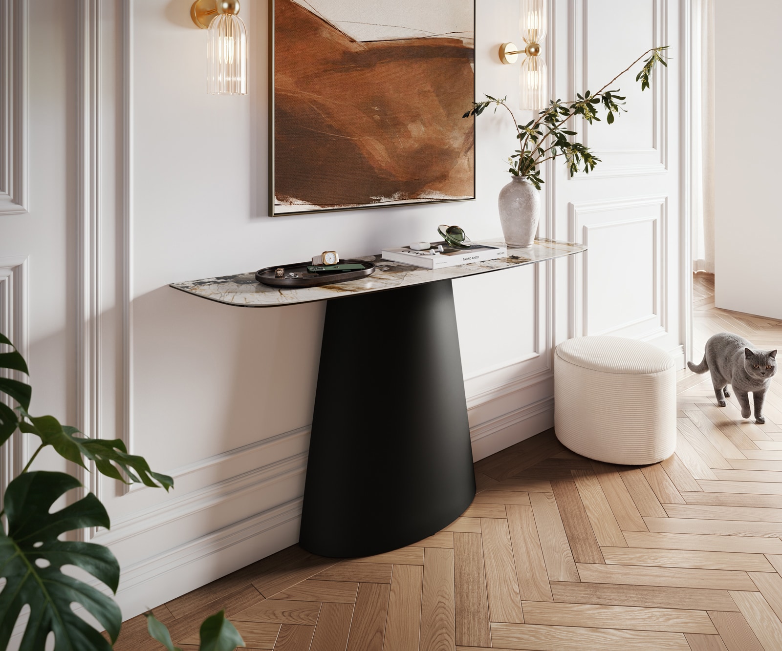 Console Edge forme bateau 140x40 cm Céramique Patagonia Poliert Conos Métal Noir 1