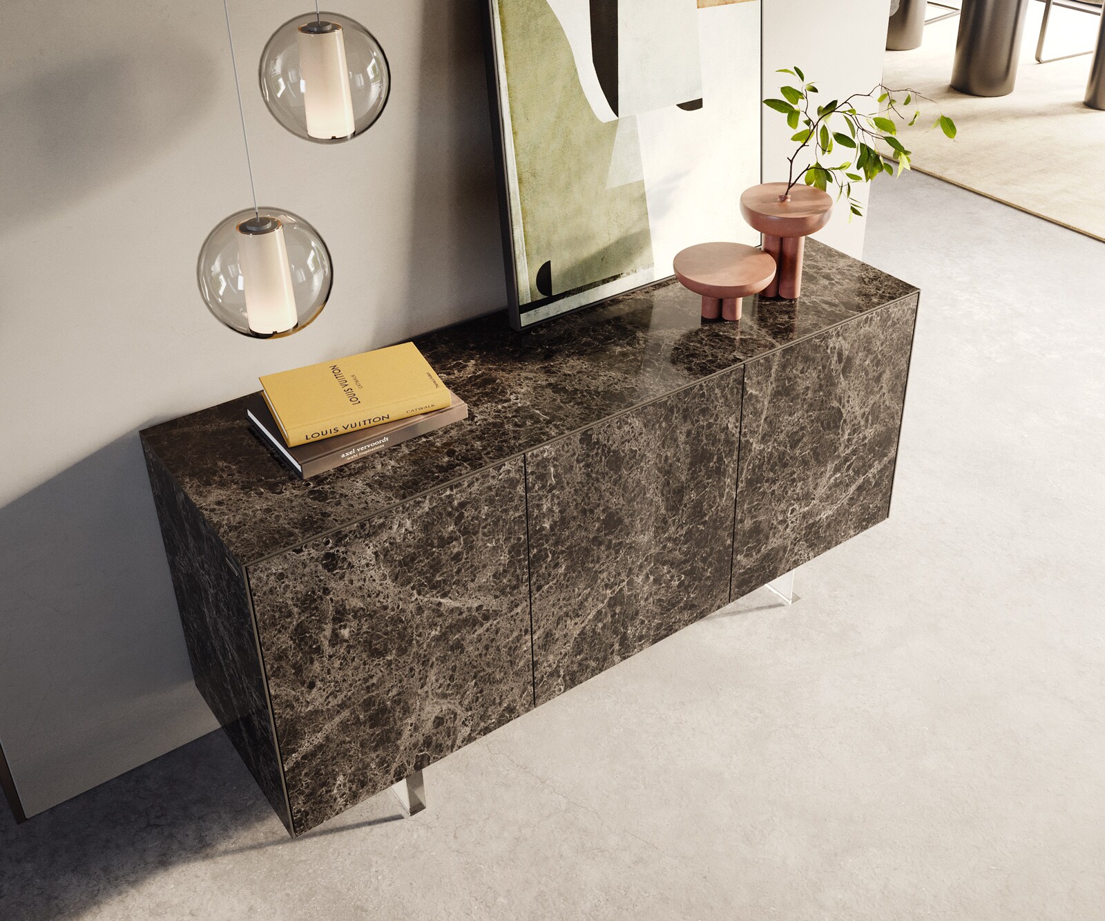 Buffet Cuor 150 cm Céramique Emperador Extra Lucidato brun foncé 3 Portes Pied optique flottant Verre acrylique 4