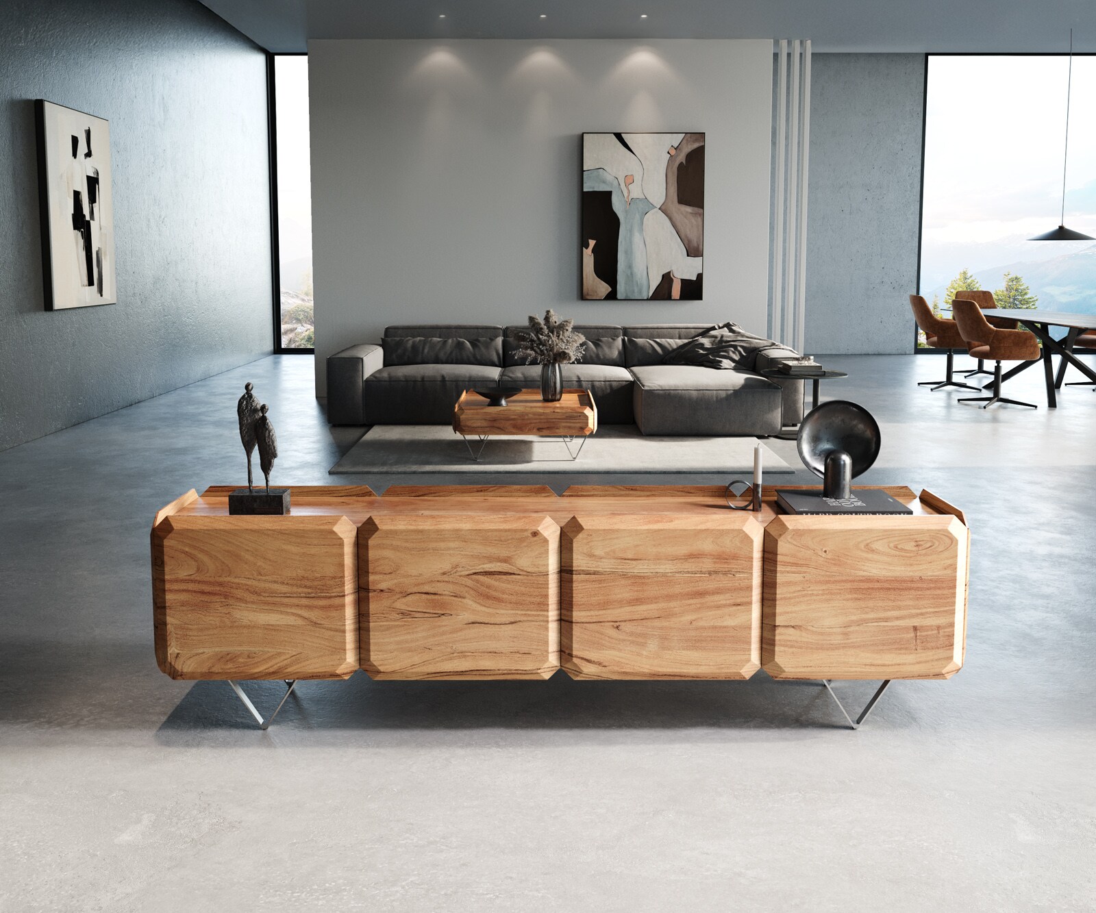 Meuble-bas Kiano 220 cm Acacia Nature 4 Portes Pied en V Acier inoxydable Séparateur de pièce 1