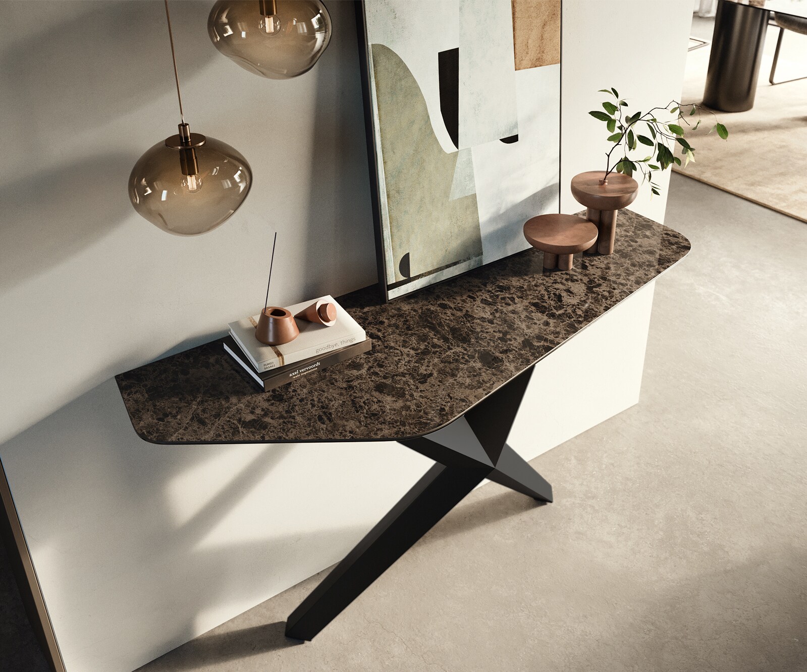 Console Edge Polygonal 140x50 cm Céramique Emperador Extra Lucidato Dunkelbraun Zentharo Métal Noir 1