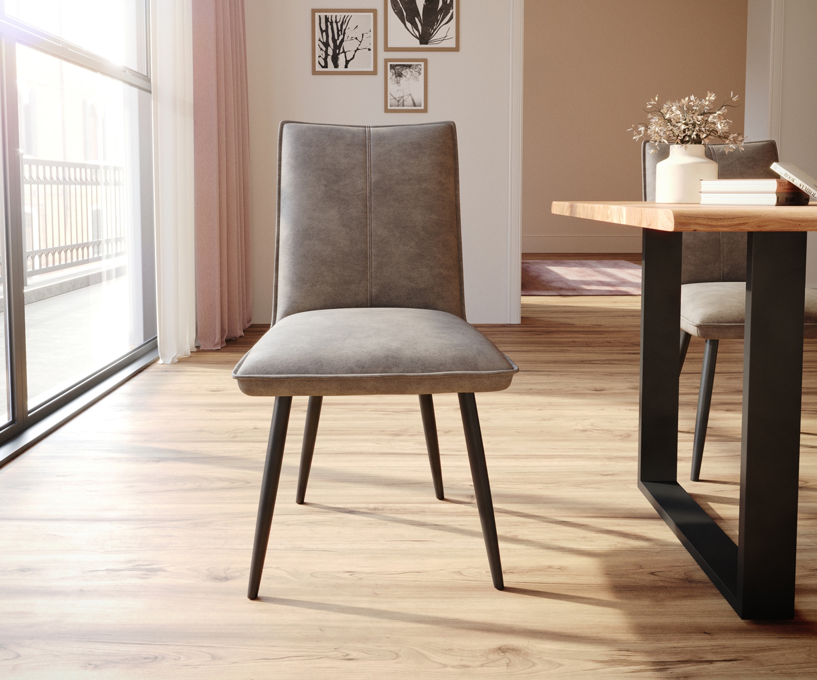 Chaise-de-salle-à-manger Lelio-Flex microvelours taupe vintage 4 pieds coniques noir ressorts ensachés 2