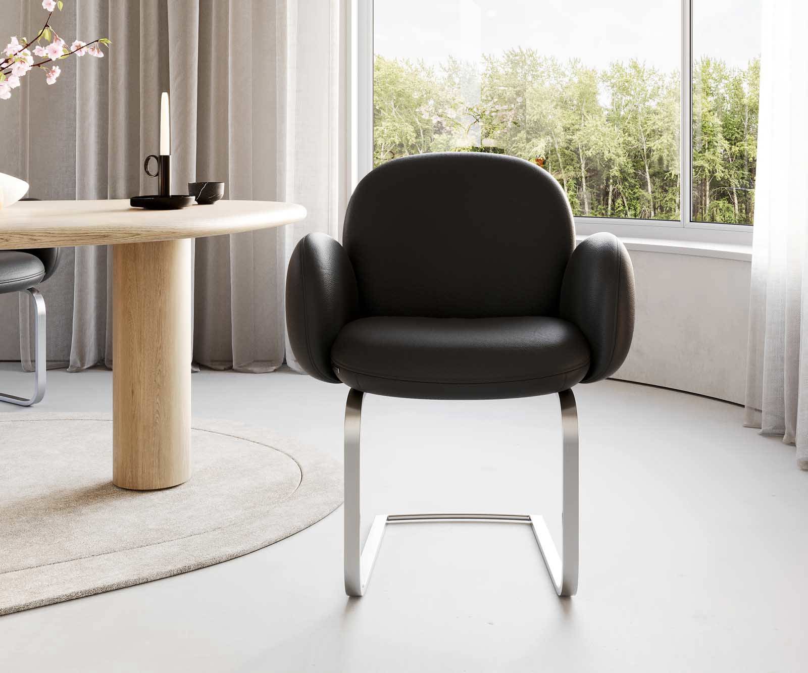 Cantilever Nube-Flex avec accoudoirs cuir de vache noir pied cantilever plat acier inoxydable brossé ressorts ensachés 2