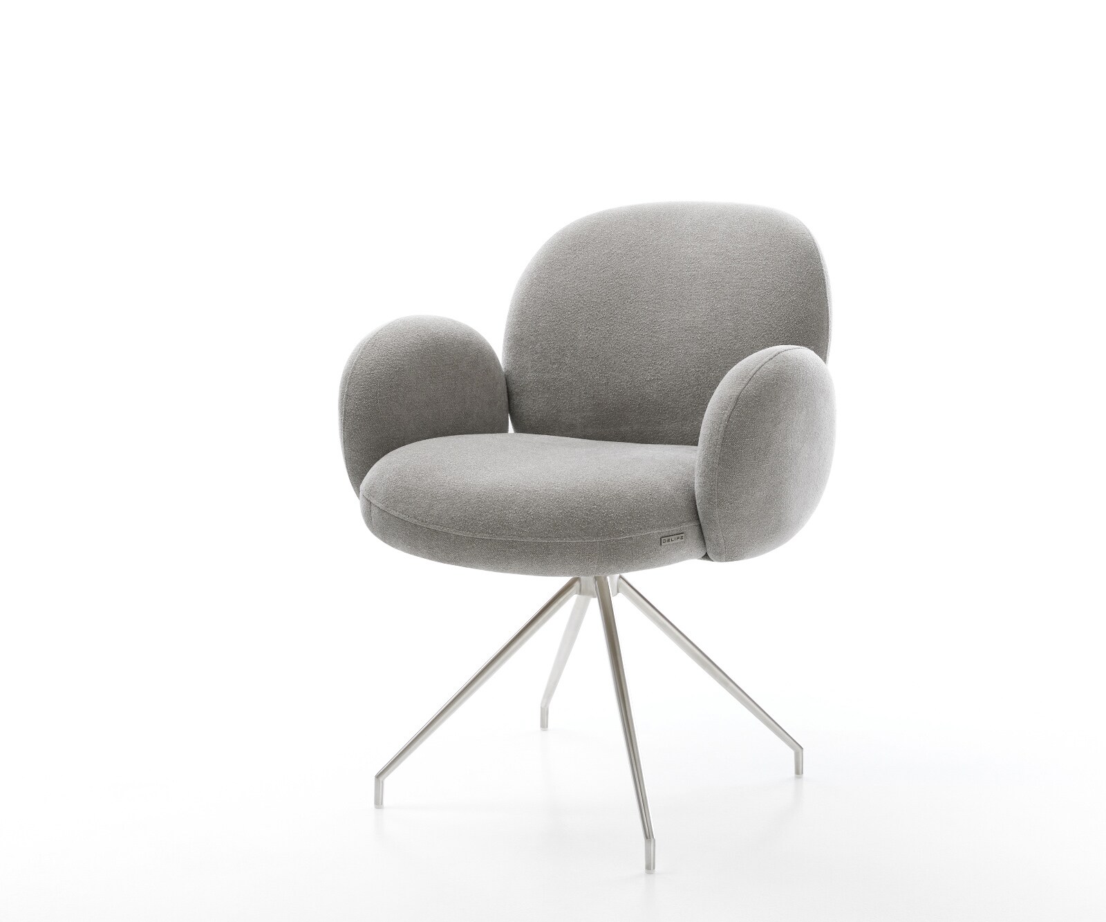 Chaise-de-salle-à-manger Nube-Flex avec accoudoirs tissu structuré doux gris pied croisé conique acier inoxydable resorts ensachés 1