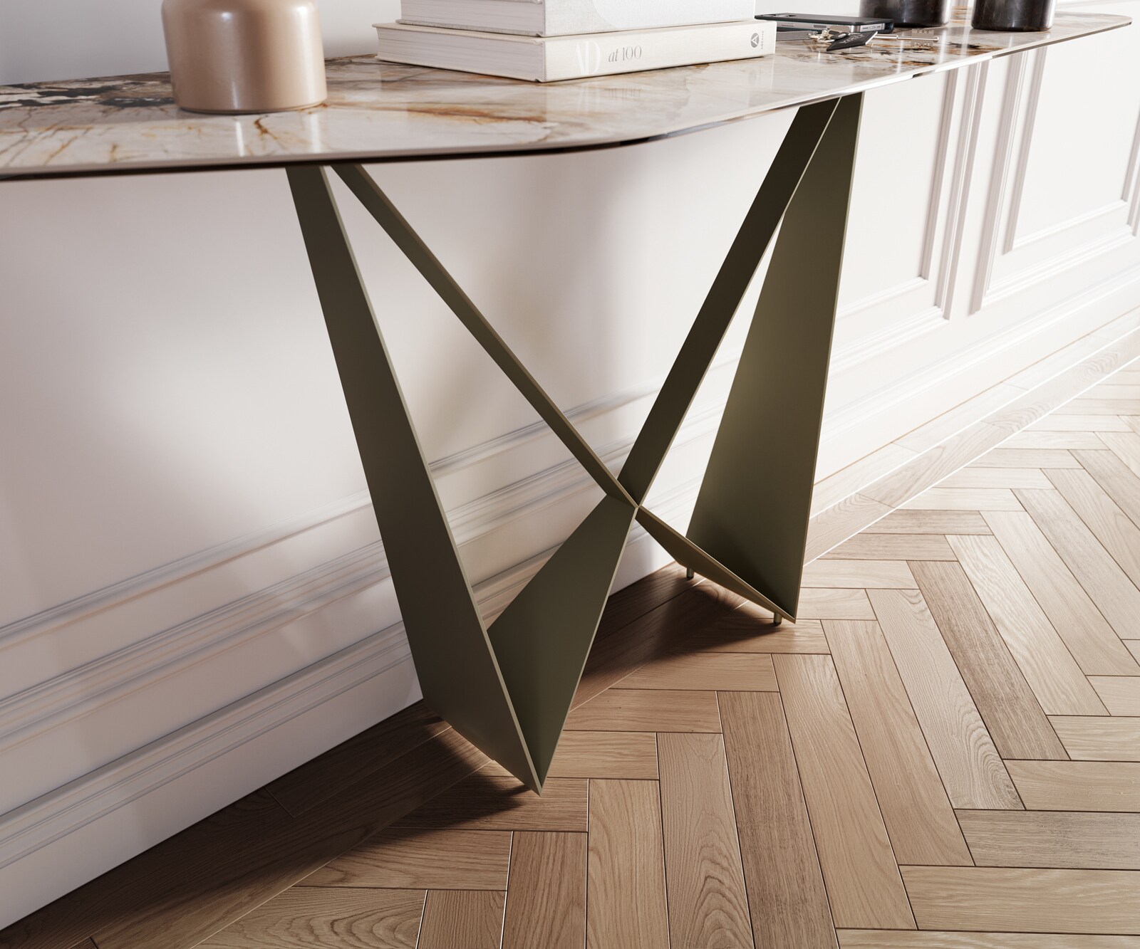 Console Edge Polygonal 180x50 cm Céramique Patagonia Poliert Spios Métal Effektfinish Titan 6