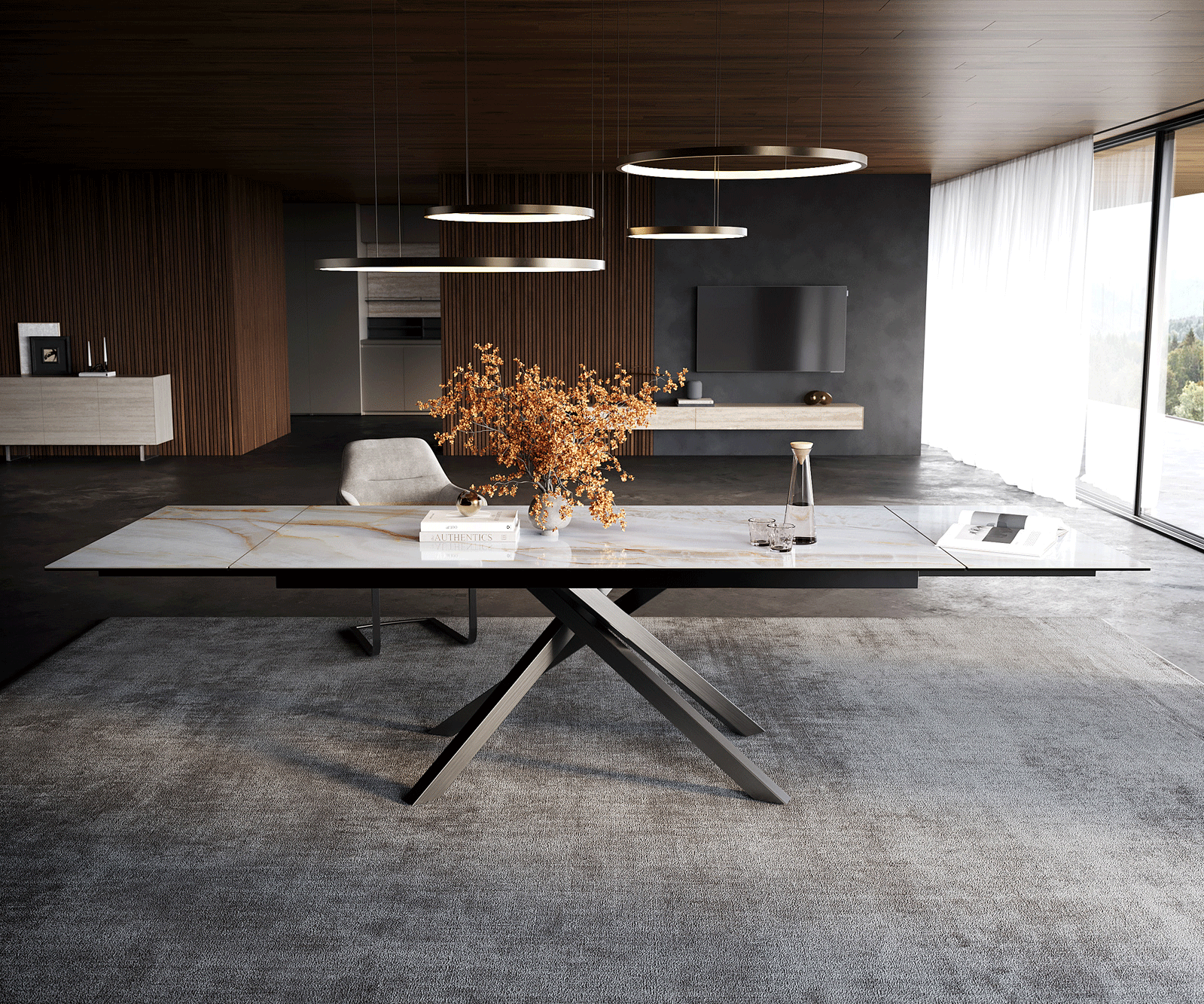 Table à manger extensible Edge 200-300x100 cm céramique Onyx Pearl piètement croisé rectangulaire inox graphite 2