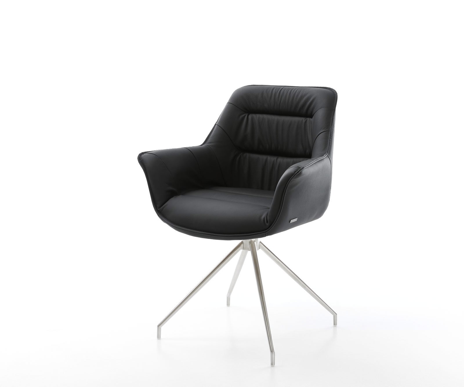 Chaise-de-salle-à-manger Kaira-Flex cuir de vache noir pied croisé conique acier inoxydable brossé 1