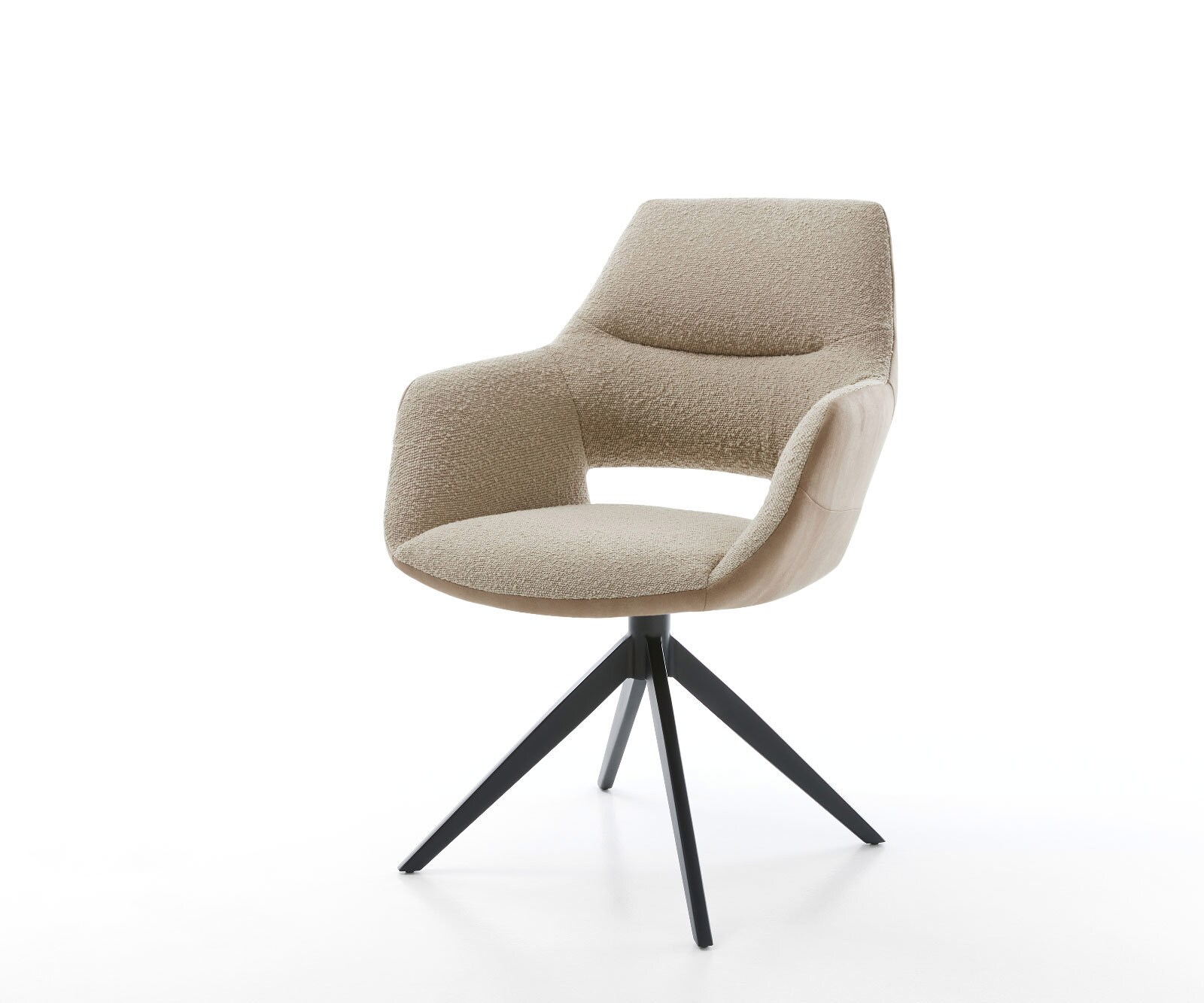 Chaise-pivotante Yago-Flex avec accoudoirs tissu mixte couleur boue pied croisé large noir pivotement sur 360° ressorts ensachés