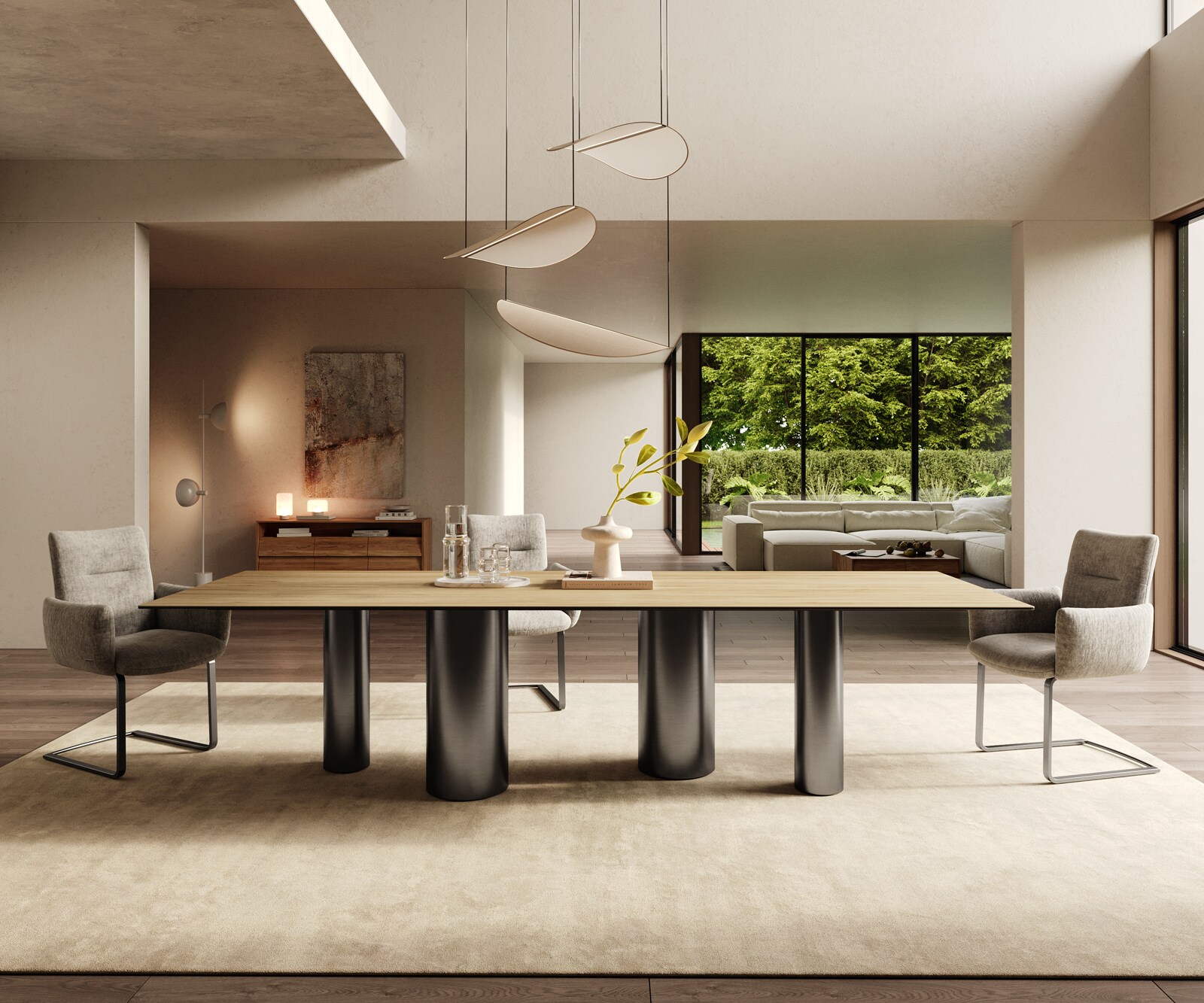 Table à manger Edge 300x100 Céramique Laminam® Sabbia Couleur chêne Pilier Acier inoxydable Graphite 2