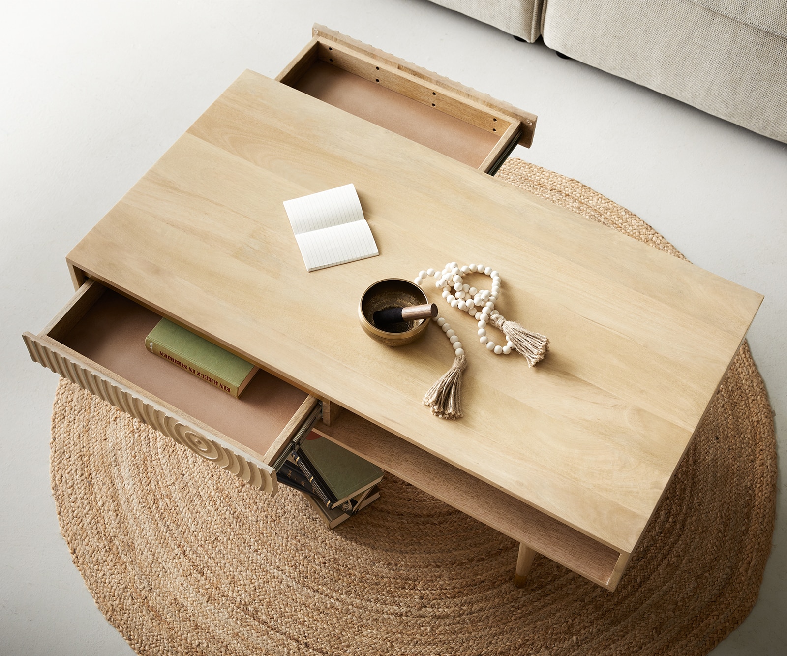 Table-basse Budaya 115x60 cm Manguier Naturel 2 tiroirs Pied rond 4 Table-basse Budaya 115x60 cm Manguier Naturel 2 tiroirs Pied rond 4