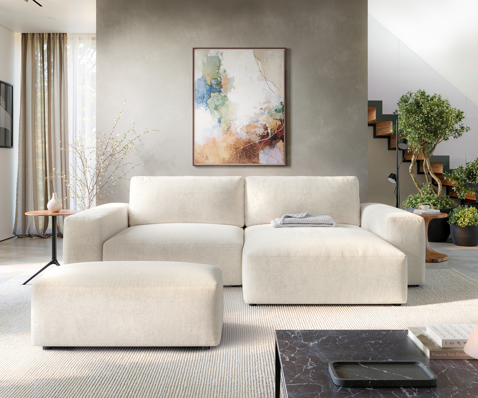 Canapé d'angle Lanzo XL 270x180 cm Tissu texturé doux Beige Méridienne modulable avec pouf 2