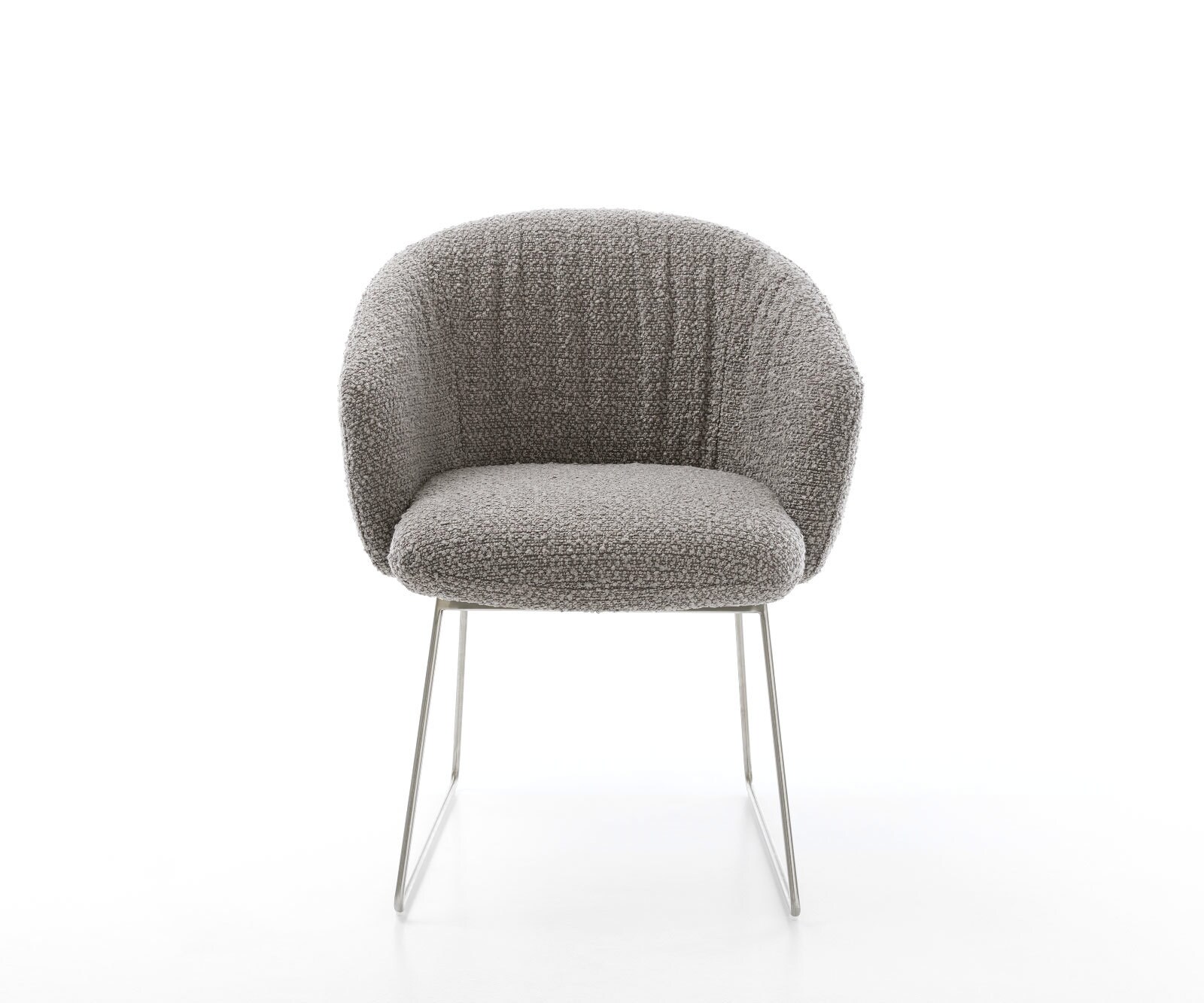 Chaise-de-salle-à-manger Caja-Flex avec accoudoirs bouclé gris argenté pied trapèze acier inoxydable brossé ressorts ensachés 1