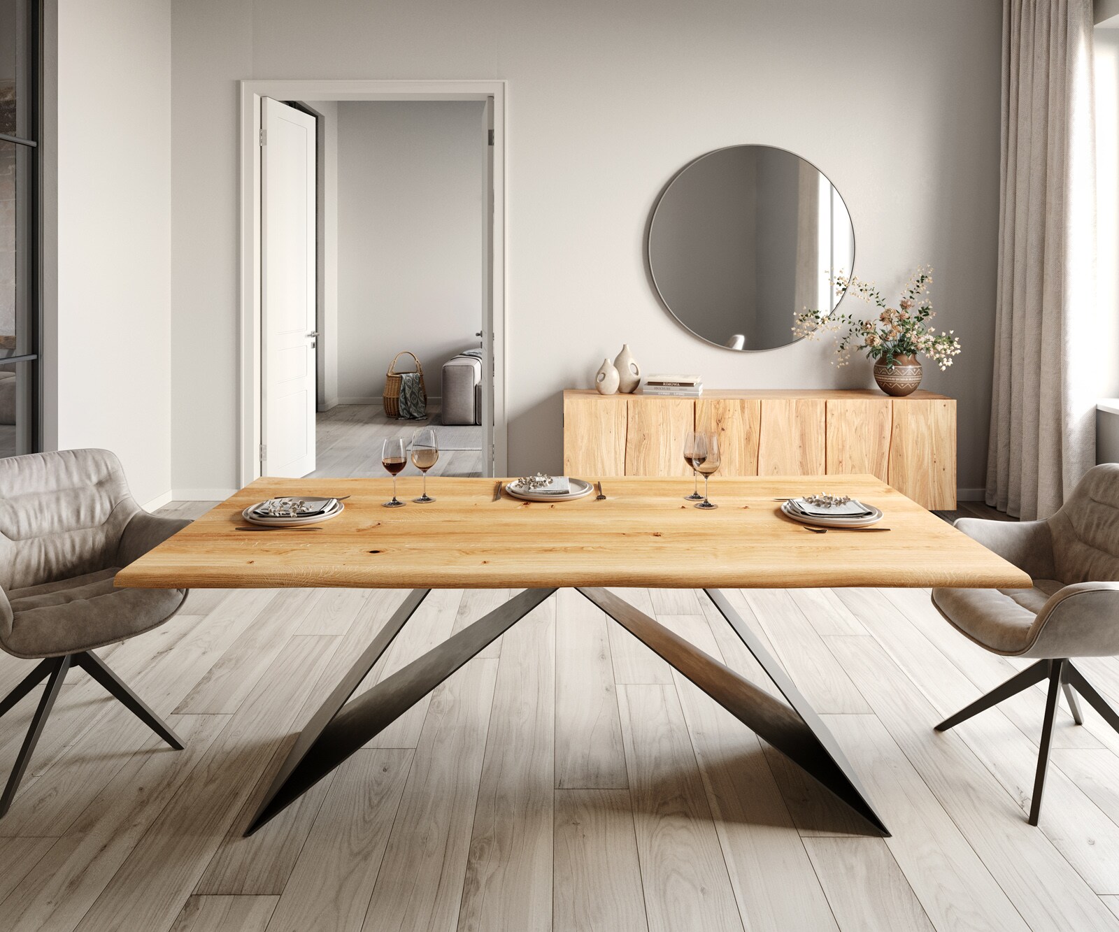 Table de salle à manger Edge 200x100x2,5-3 chêne naturel piétement en V acier plat noir Live-Edge 1