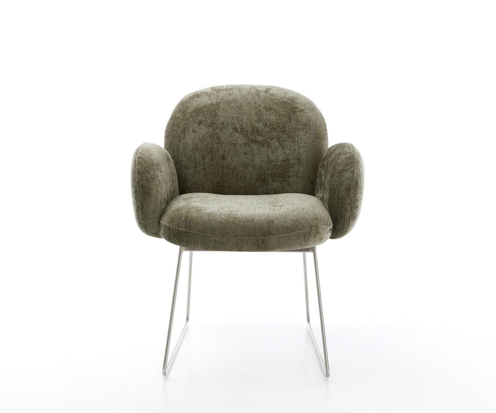 Chaise-de-salle-à-manger Nube-Flex avec accoudoirs chenille olive pied trapèze acier inoxydable brossé ressorts ensachés 1 Chaise-de-salle-à-manger Nube-Flex avec accoudoirs chenille olive pied trapèze acier inoxydable brossé ressorts ensachés 1