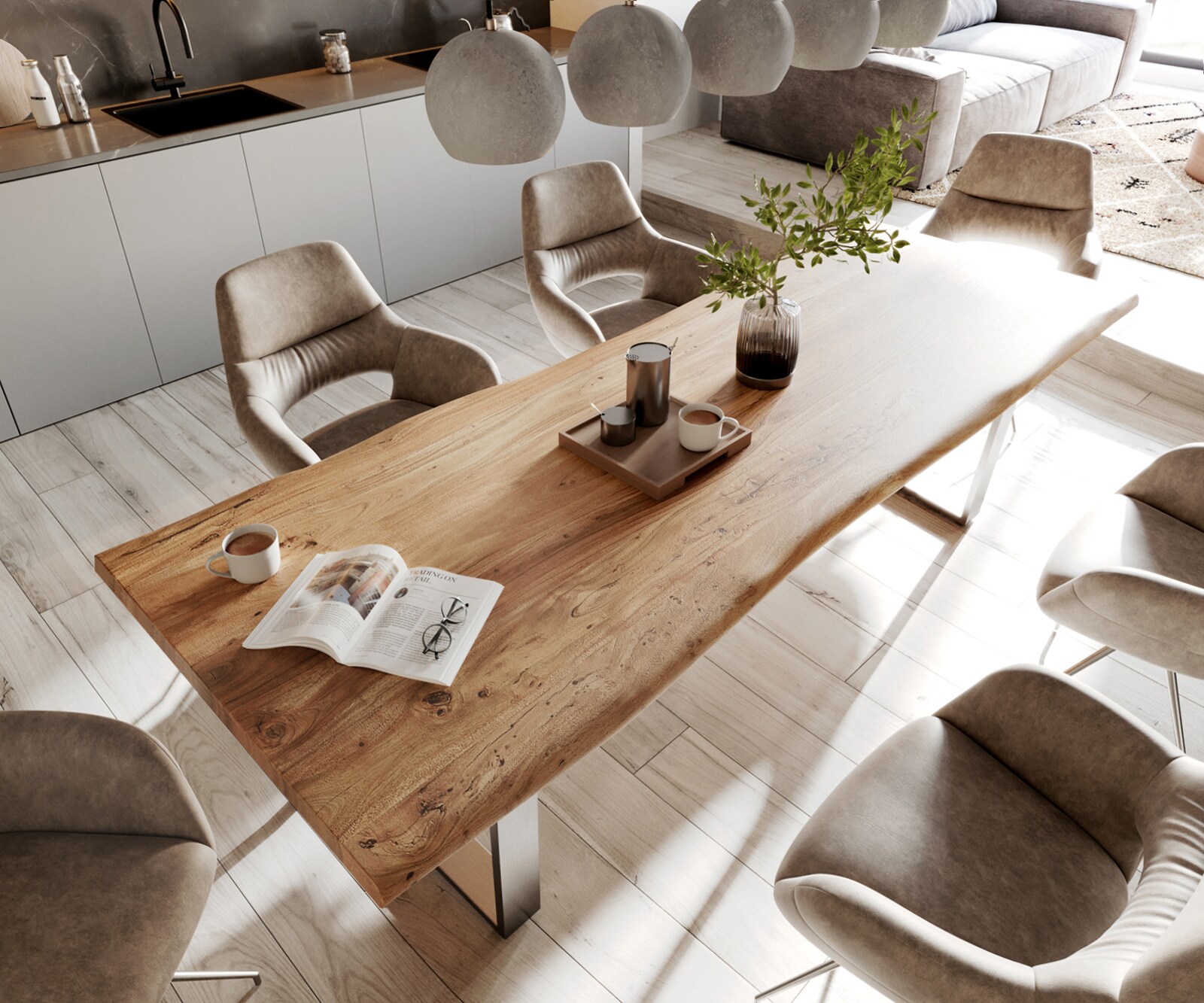 Table-à-manger Edge 280x100cm XL acacia nature acier inoxydable mince Live-Edge 3