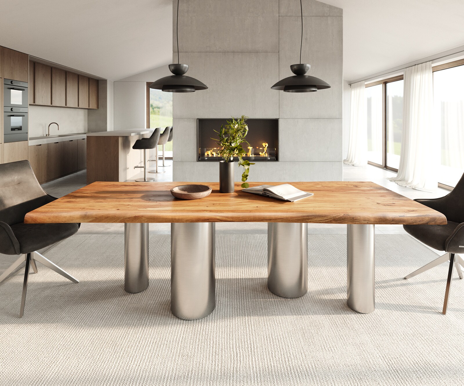 Table à manger Edge 240x100 Acacia Nature Pilier Acier inoxydable brossé Live-Edge 2