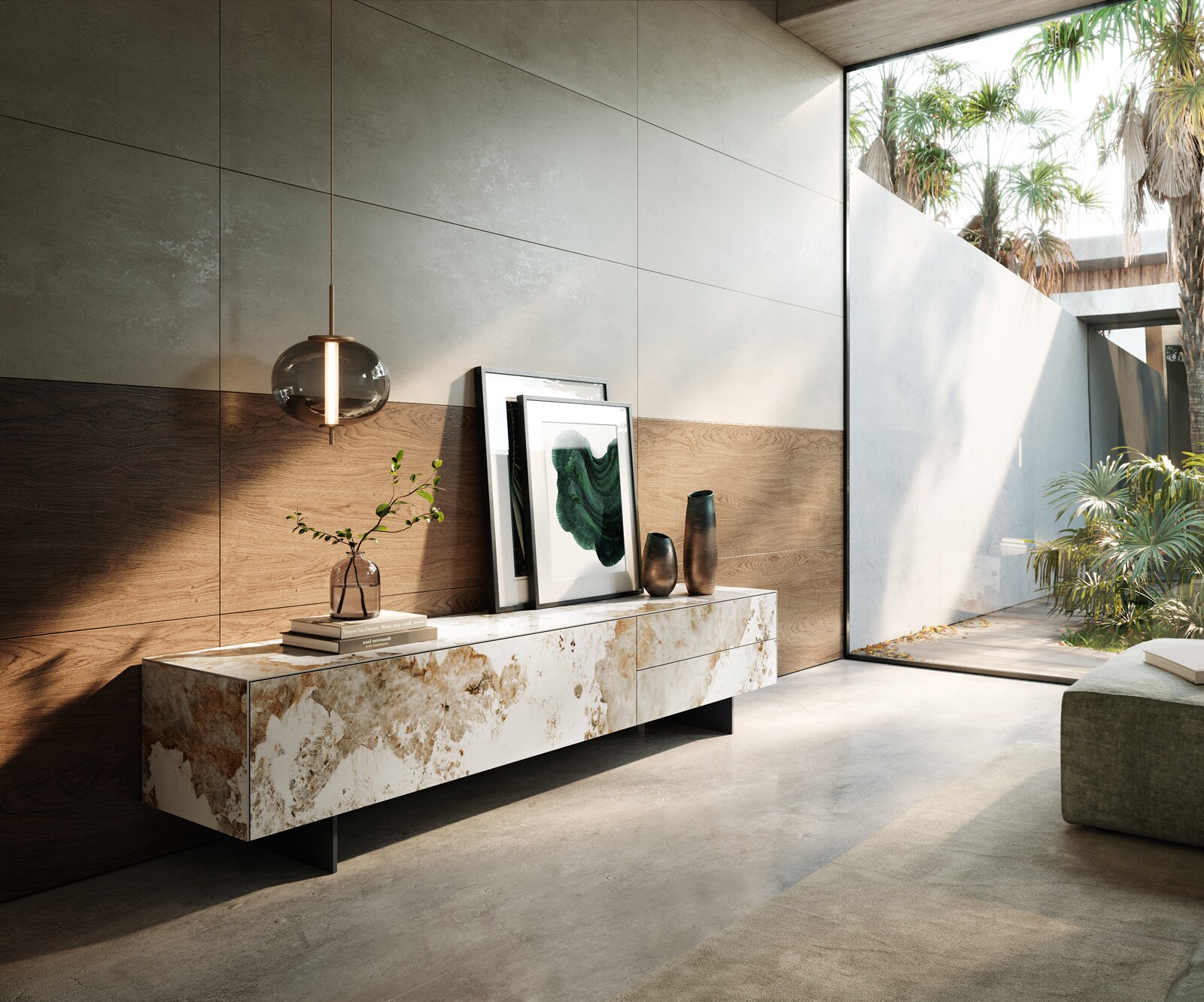 Meuble-TV Cuor 220 cm Céramique Minas Melange Blanc-beige 1 Clapet 2 Tiroirs Pied optique flottant Métal Noir