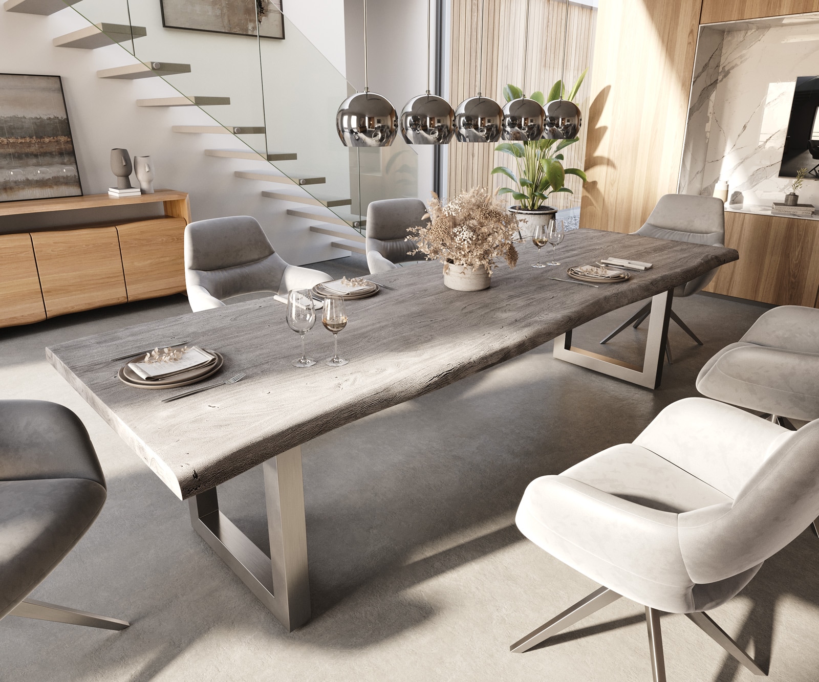 Table-à-manger Edge 300x100 XL acacia platine acier inoxydable large Live-Edge Table-à-manger Edge 300x100 XL acacia platine acier inoxydable large Live-Edge