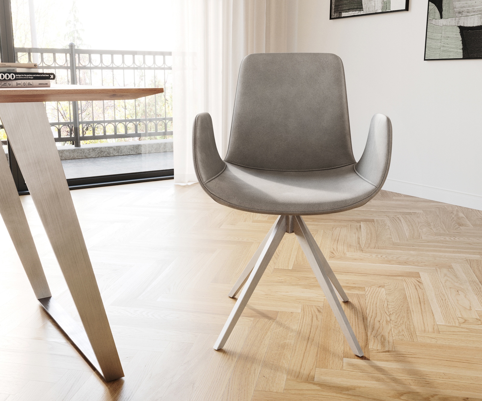 Chaise-de-salle-à-manger Ilia-Flex avec accoudoirs velours gris pied croisé angulaire acier inoxydable brossé 1 Chaise-de-salle-à-manger Ilia-Flex avec accoudoirs velours gris pied croisé angulaire acier inoxydable brossé 1