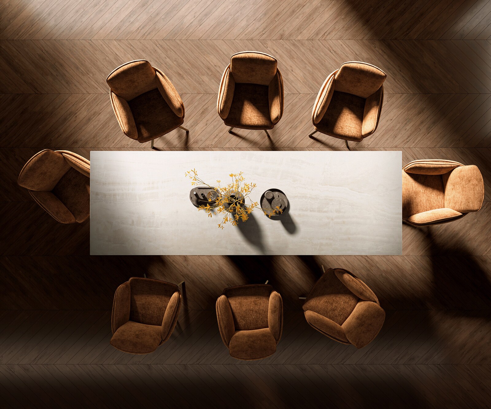 Table à manger Edge 300x100 cm céramique Onyx Champagne Origami métal doré 5