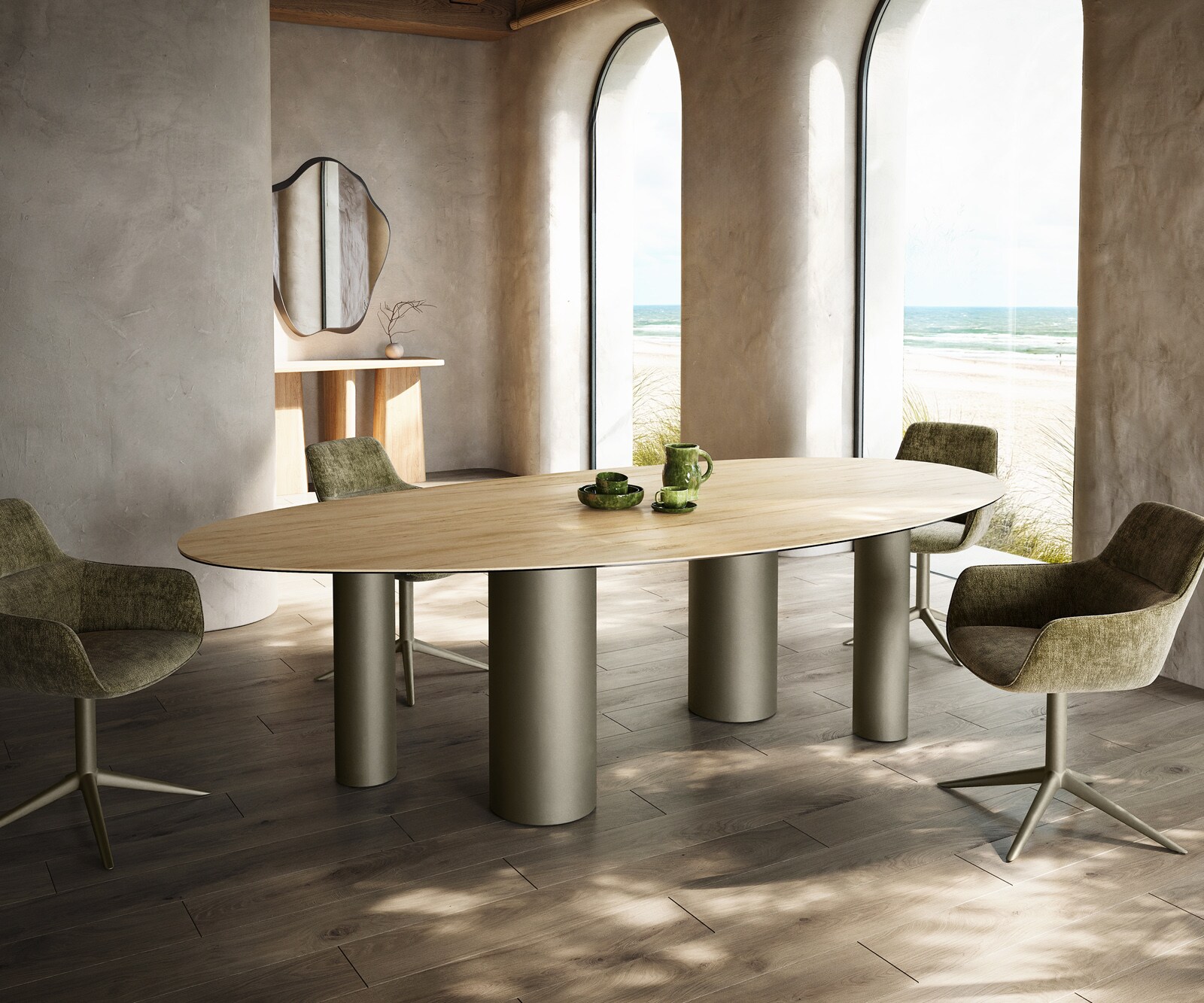 Table à manger Edge Ovale 280x130 Céramique Laminam® Sabbia Couleur chêne Pilier Métal finition à effet Titane 1