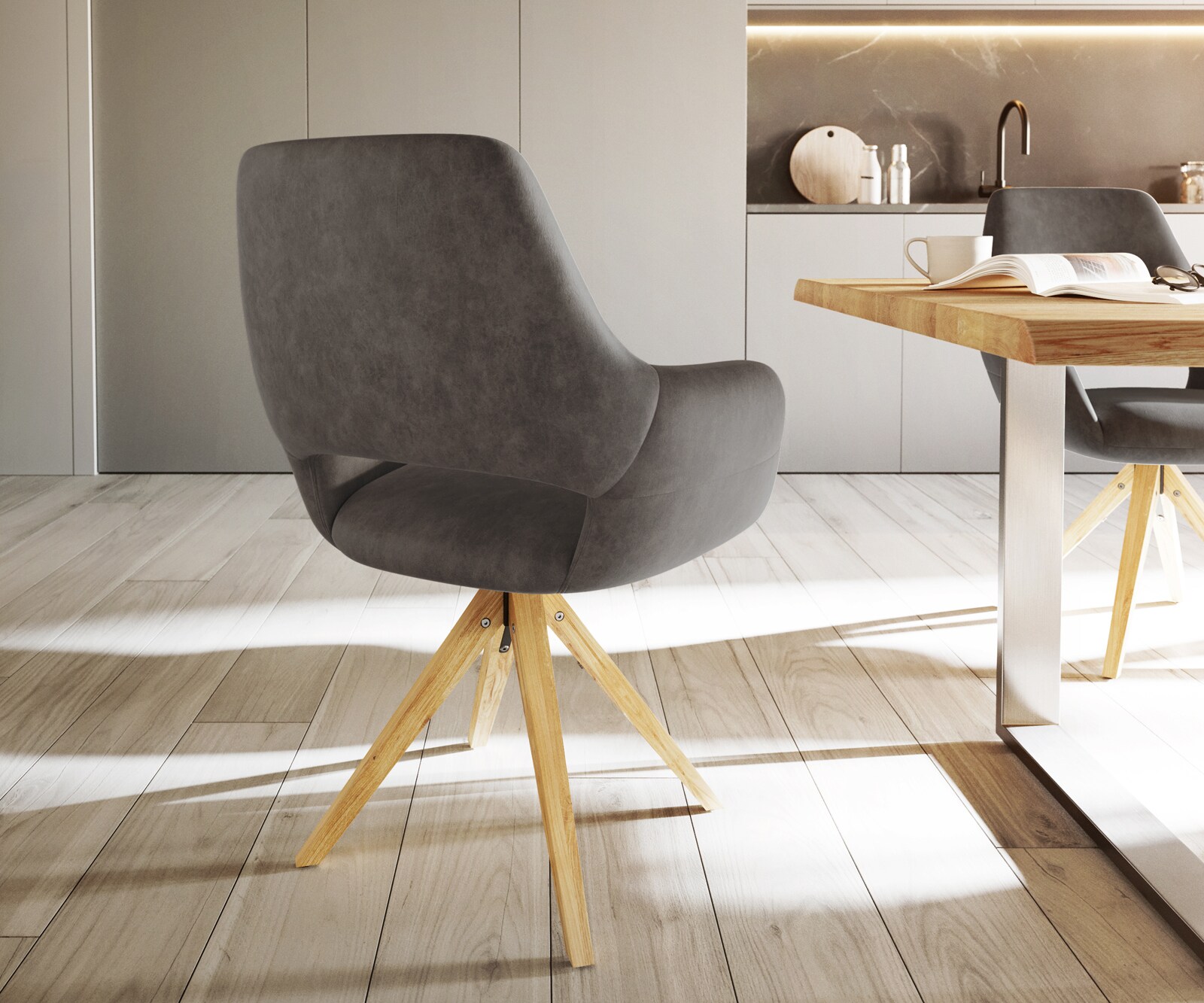 Chaise-de-salle-à-manger Yago-Flex avec accoudoirs microvelours anthracite vintage pied en bois angulaire naturel ressorts ensachés 5