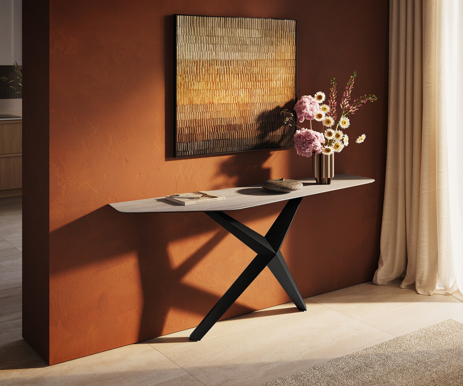 Console Edge Polygonal 180x50 cm Céramique Laminam® Travertino Bianco Creme-Weiß Zentharo Métal Noir 4