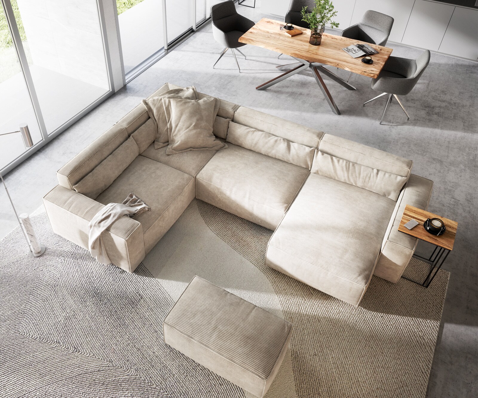 Canapé panoramique Sirpio 300x210 cm Velours côtelé Beige Recamiere variable avec Tabouret 3