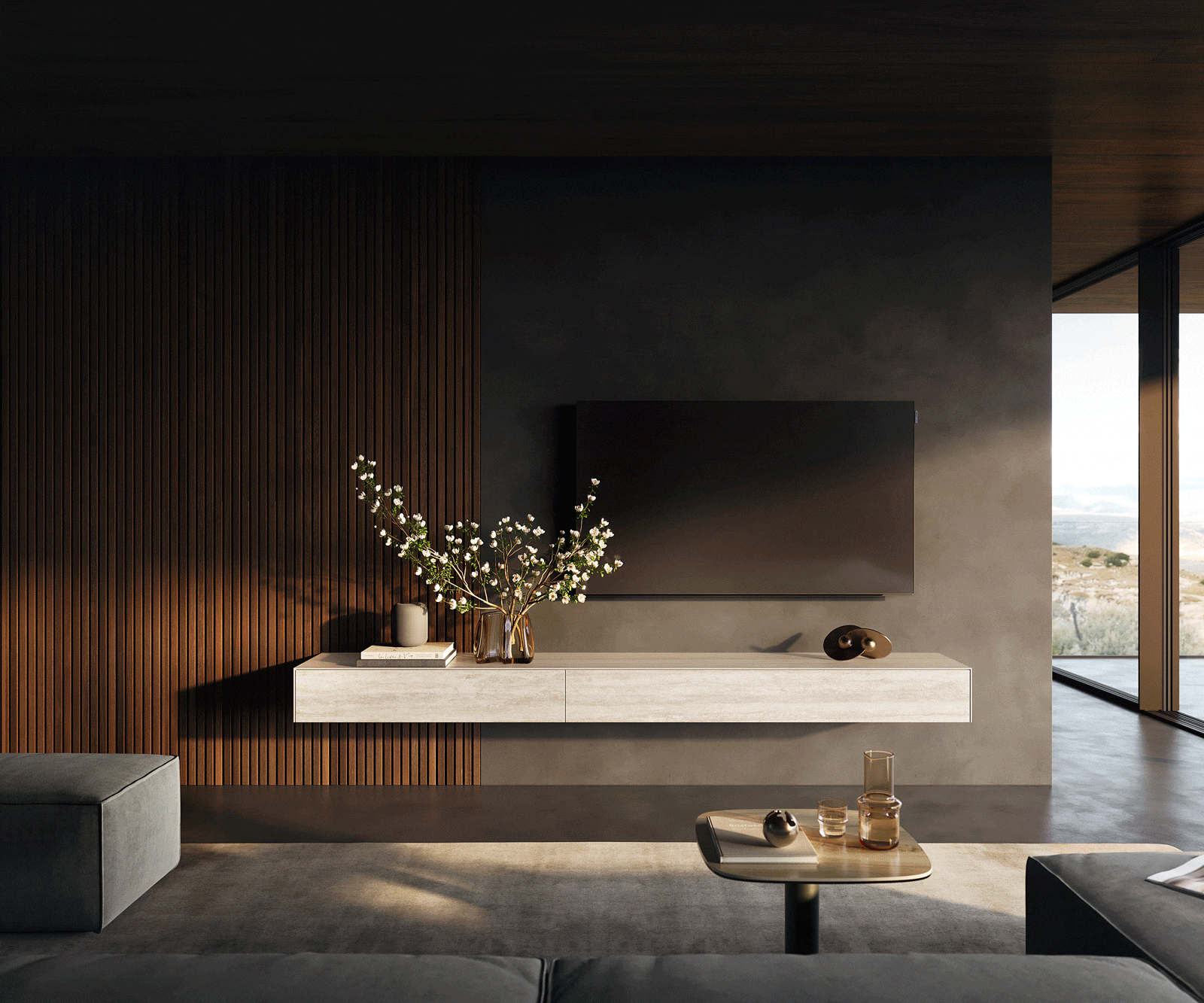 Meuble-TV Cuor 250 cm Céramique Laminam® Travertino Bianco Crème-blanc 1 Clapet 1 Tiroir Flottant 2