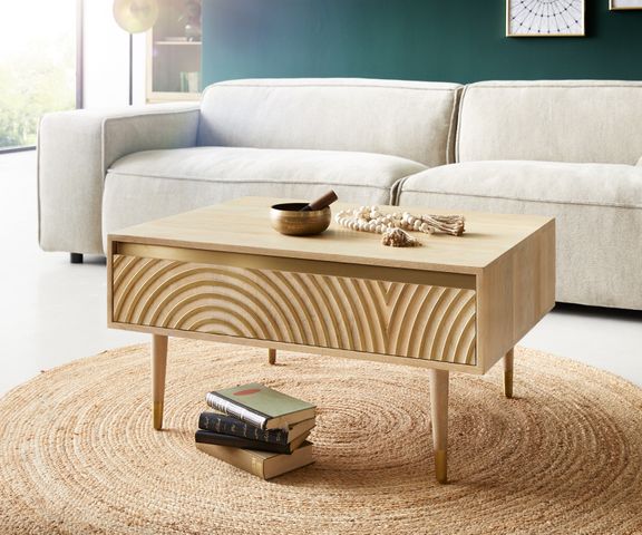 Table-basse Budaya 80x60 cm Manguier Nature 2 tiroirs Pied rond 3 Table-basse Budaya 80x60 cm Manguier Nature 2 tiroirs Pied rond 3