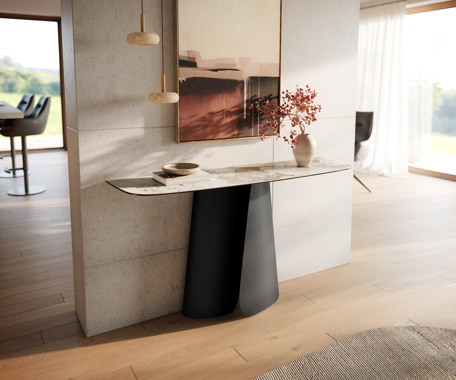 Console Edge forme bateau 140x40 cm Céramique Minas Melange Weiß-Beige Livos Métal Noir