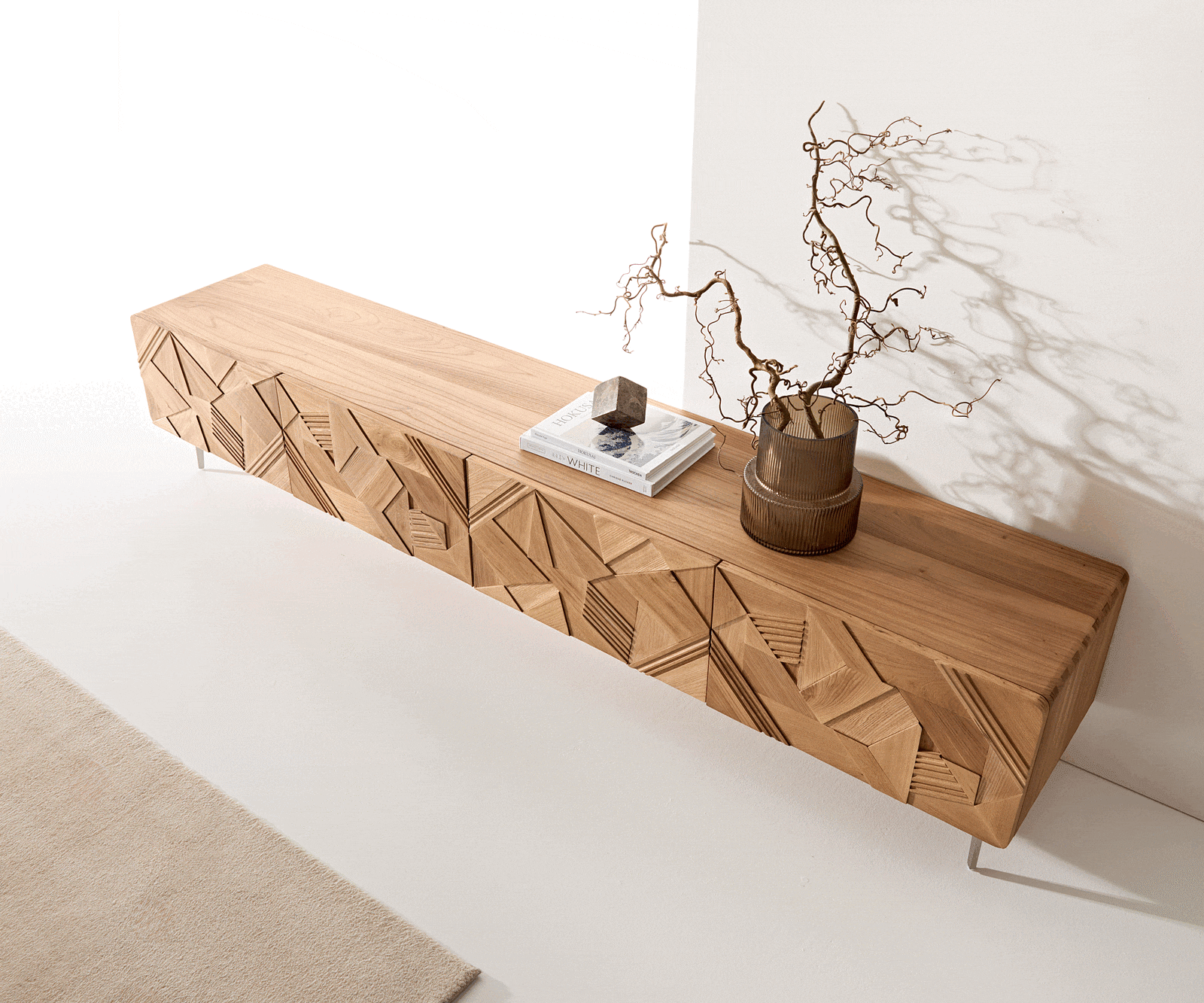 Meuble-TV Eldoria 220 cm orme naturel effet 3D 2 portes 2 tiroirs pied équerre inoxydable 6 Meuble-TV Eldoria 220 cm orme naturel effet 3D 2 portes 2 tiroirs pied équerre inoxydable 6