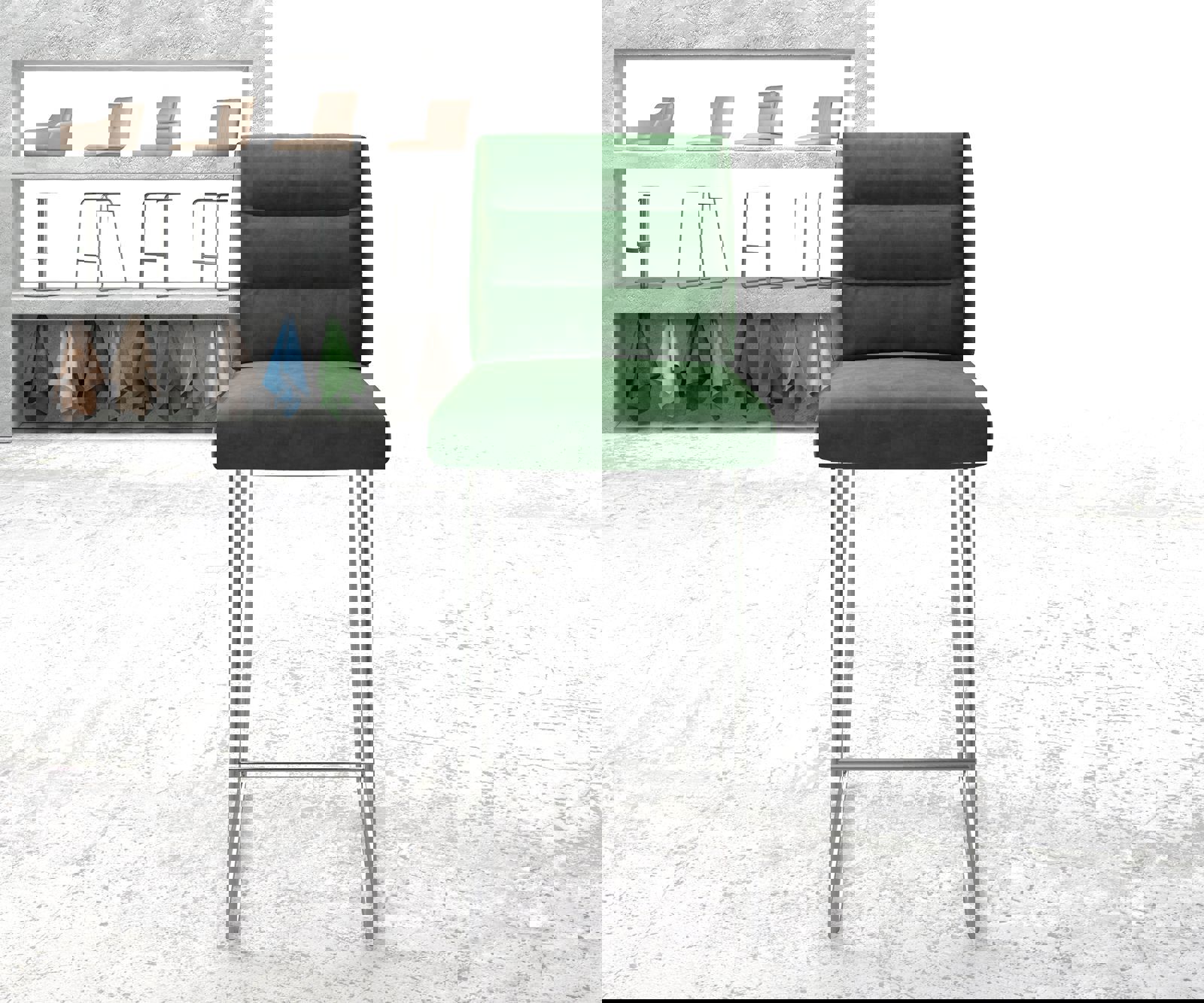 Chaise-de-bar Pela-Flex velours vert cadre de patins acier inoxydable 1 Chaise-de-bar Pela-Flex velours vert cadre de patins acier inoxydable 1