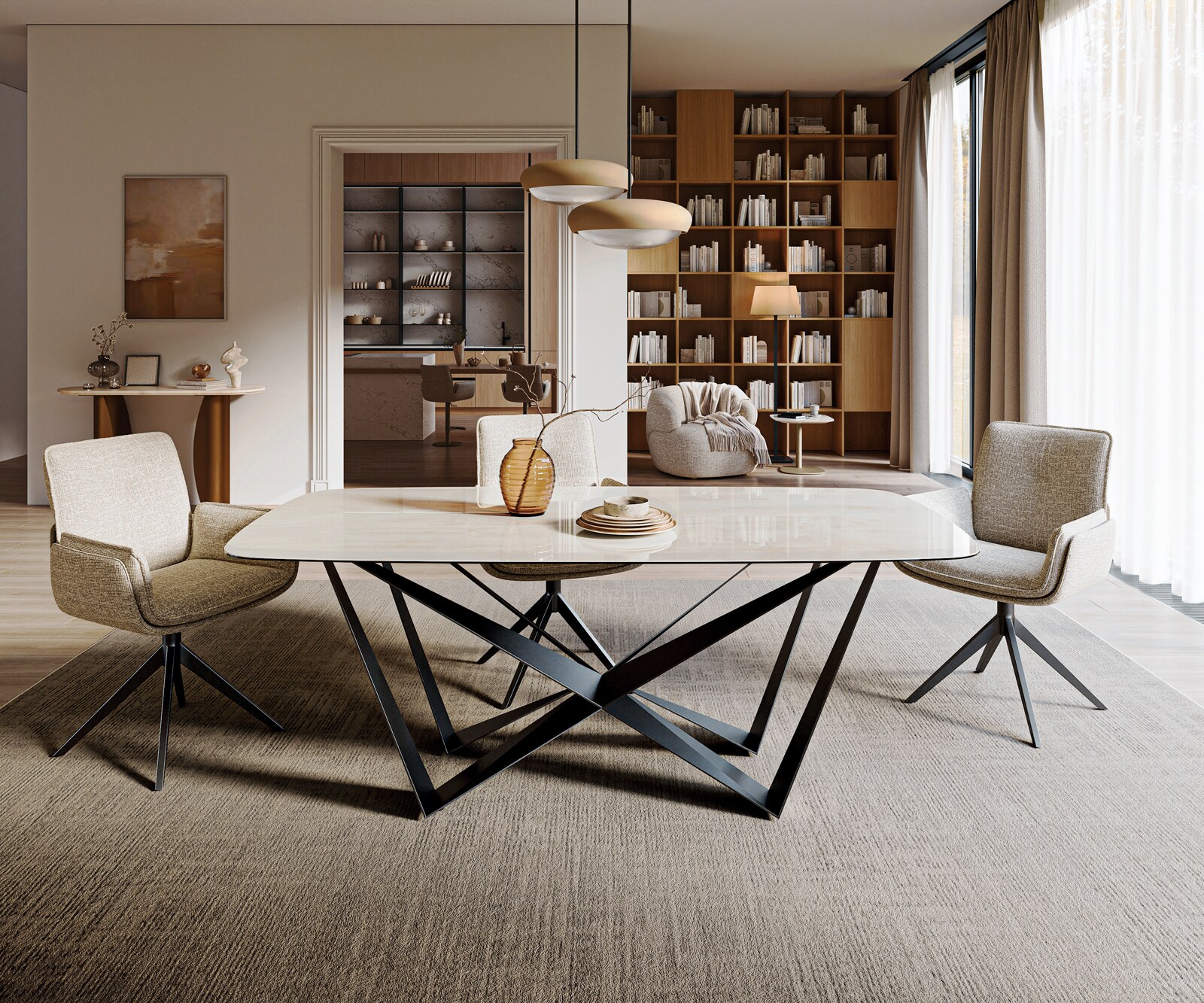 Table à manger Edge bateau 200x100 cm céramique Onyx Champagne Spider acier plat noir 1