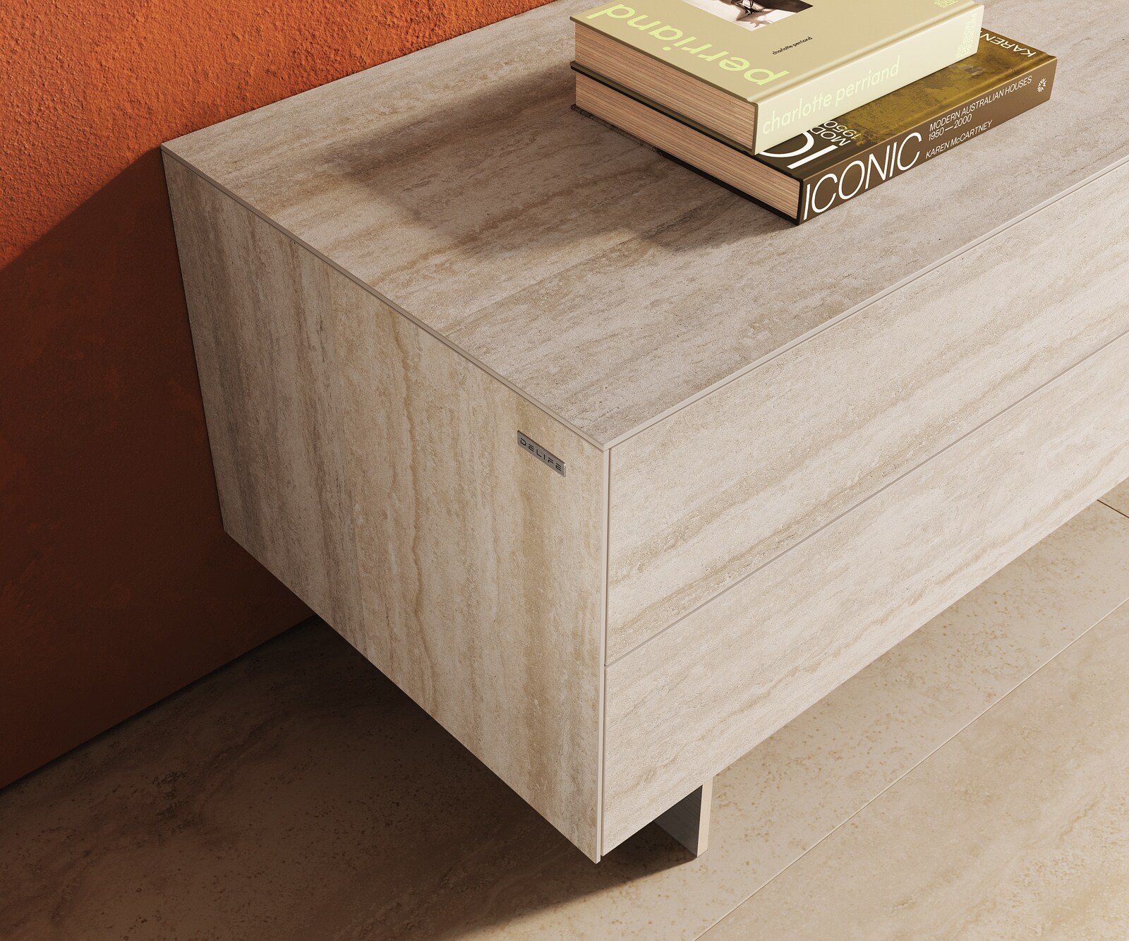 Meuble-TV Cuor 180 cm Céramique Laminam® Travertino Bianco Crème-blanc 1 Clapet 2 Tiroirs Pied optique flottant Ancier inoxydable 5