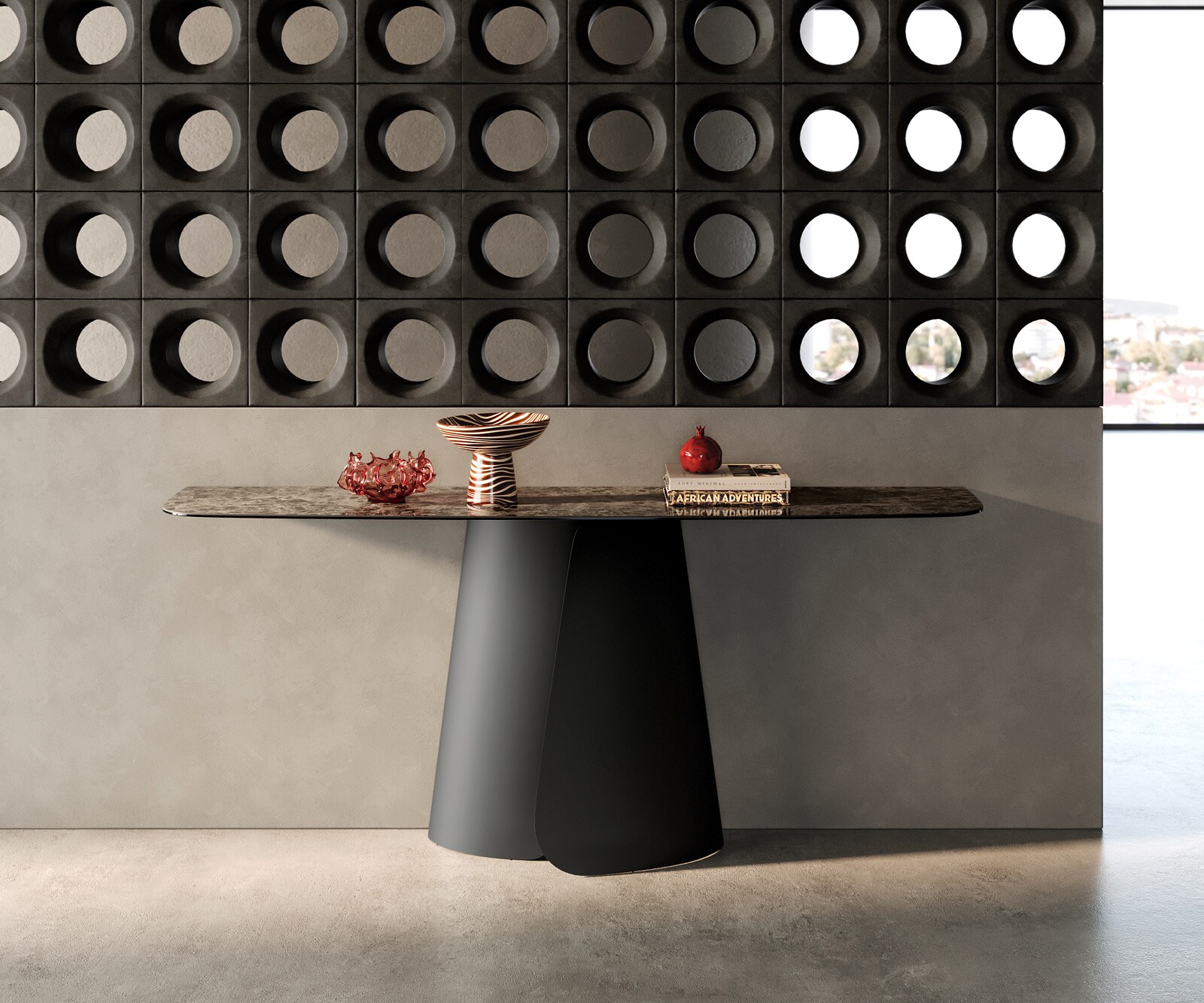 Console Edge forme bateau 180x40 cm Céramique Emperador Extra Lucidato Dunkelbraun Livos Métal Noir 4
