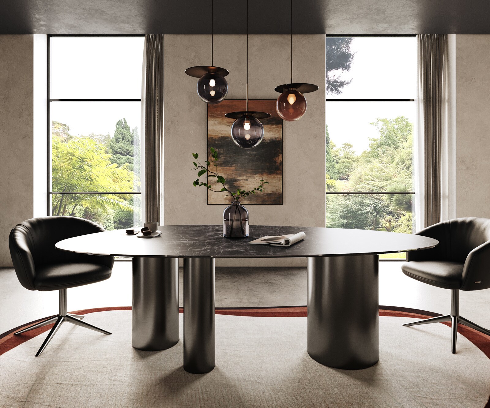 Table à manger Edge ovalee 220x120 céramique Laminam® Nero Greco anthracite Troa acier inoxydable graphite 1