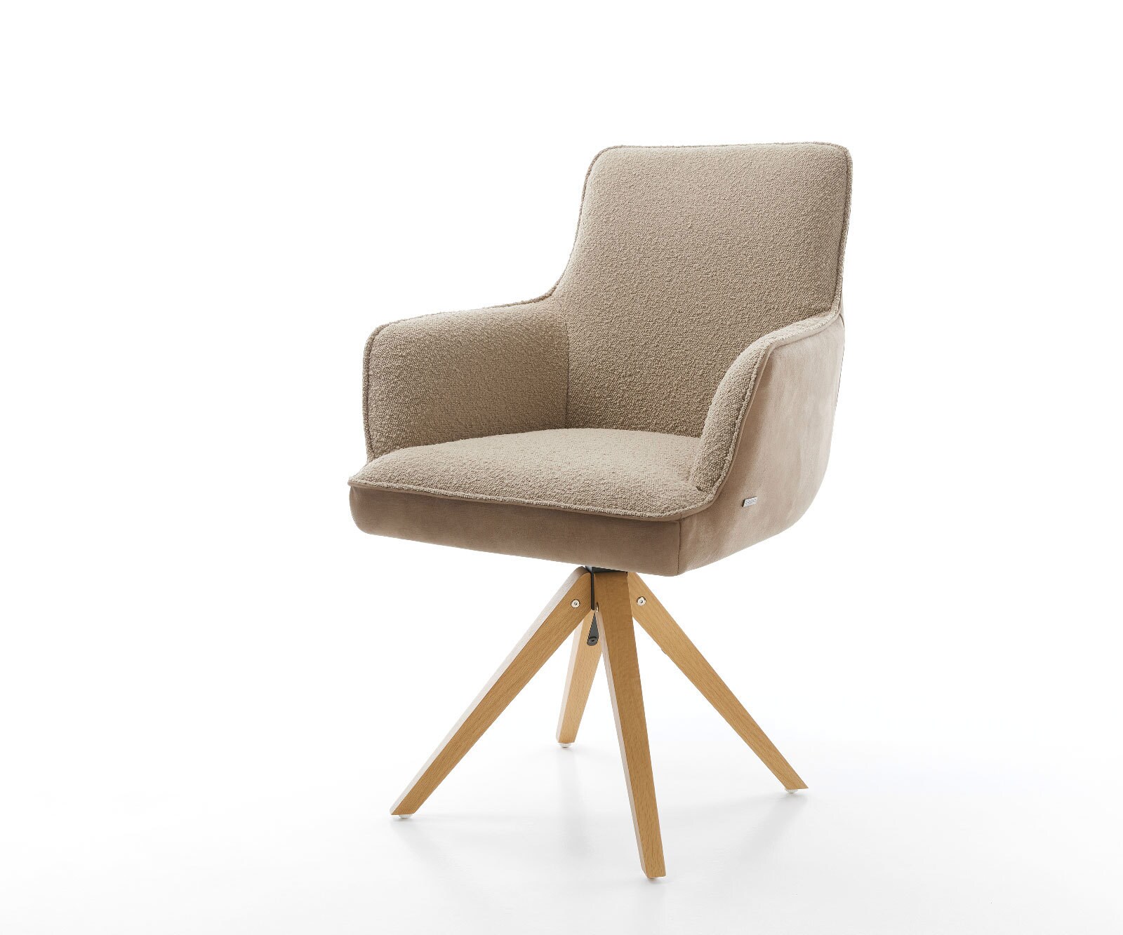 Chaise-pivotante Heira-Flex avec accoudoirs tissu mixte couleur boue pied en bois angulaire naturel pivotement sur 180° ressorts ensachés 1