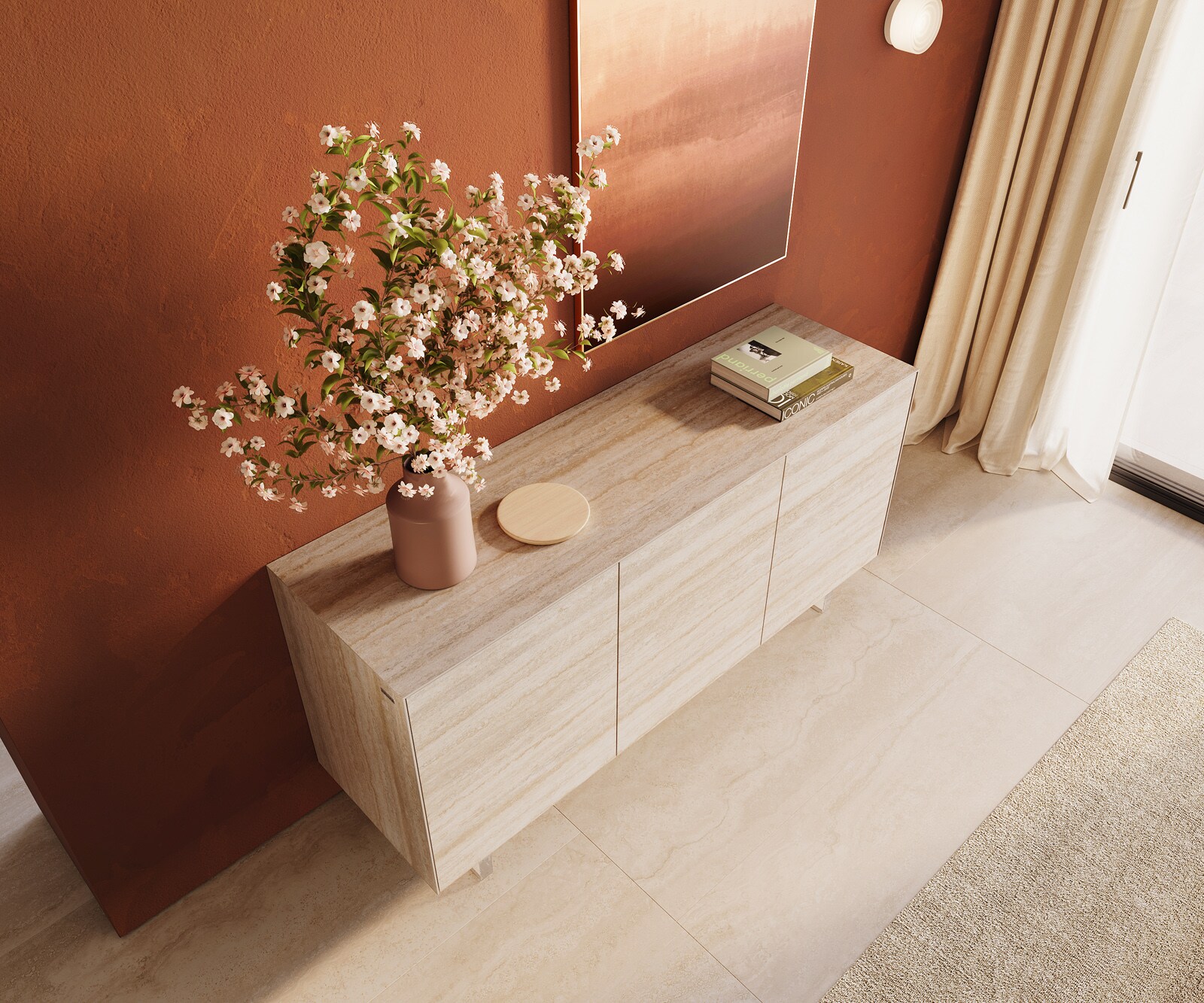 Buffet Cuor 150 cm Céramique Laminam® Travertino Bianco Crème-blanc 3 Portes Pied optique flottant Verre acrylique 3