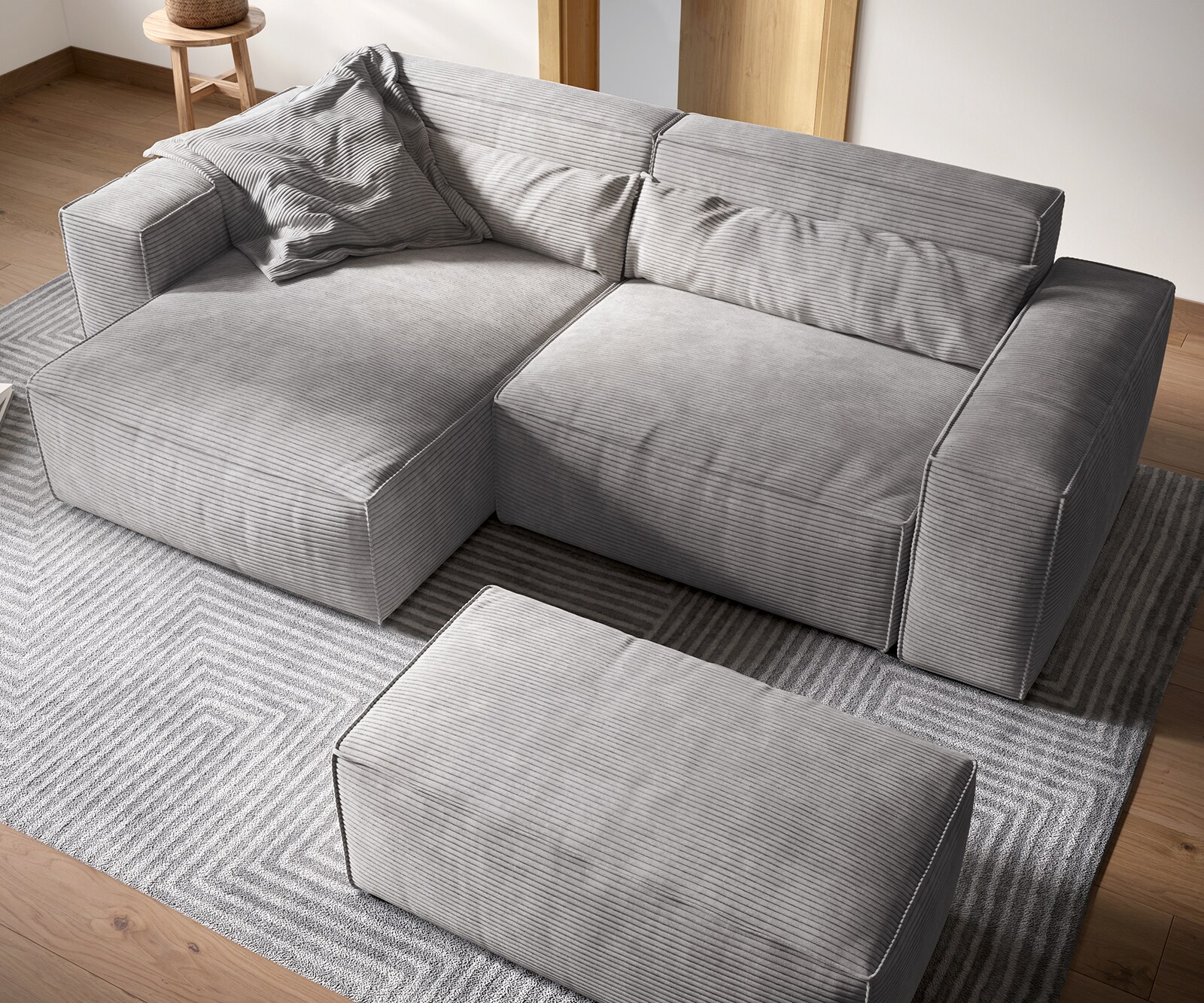 Canapé d'angle Sirpio XL 270x170 cm Velours côtelé Gris argenté Recamiere variable avec Tabouret 3