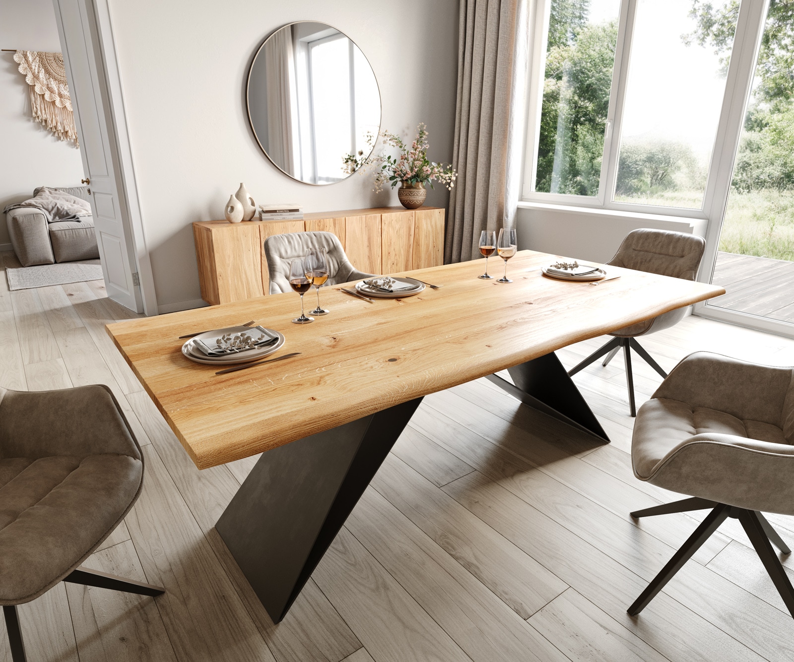 Table de salle à manger Edge 200x100x2,5-3 chêne naturel piétement en V acier plat noir Live-Edge