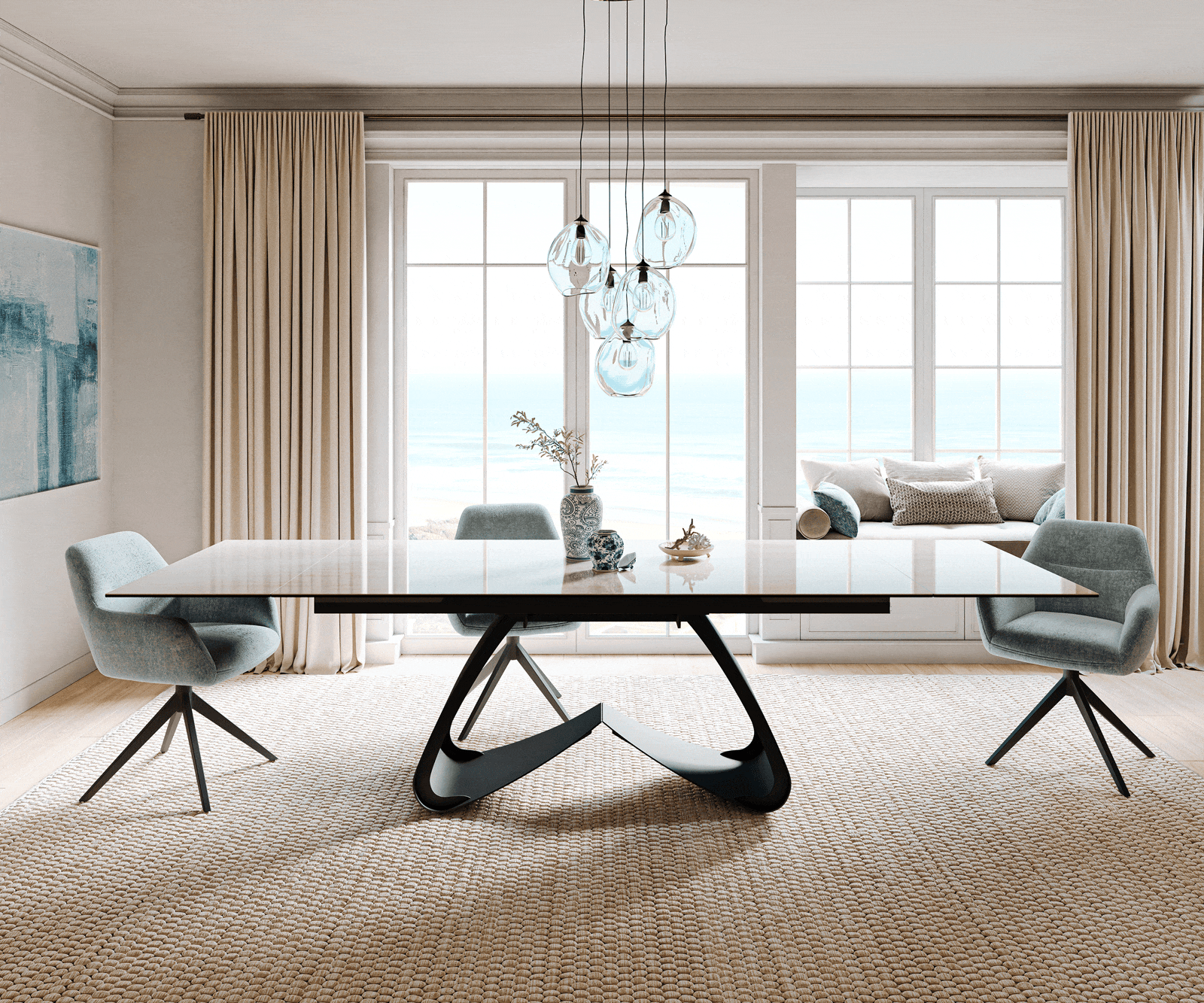 Table à manger extensible Edge 200-300x100 cm céramique Onyx Champagne piètement en W métal noir 1