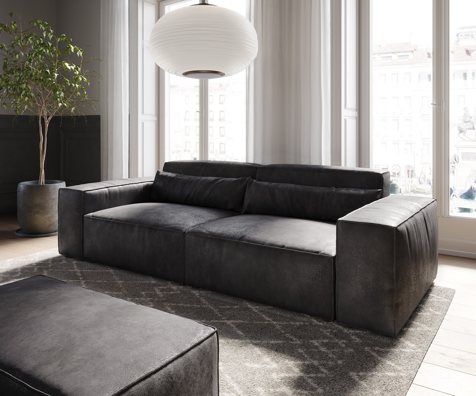 Grand Canapé Sirpio 230x95 cm Cuir synthétique Vintage Anthracite  avec Tabouret