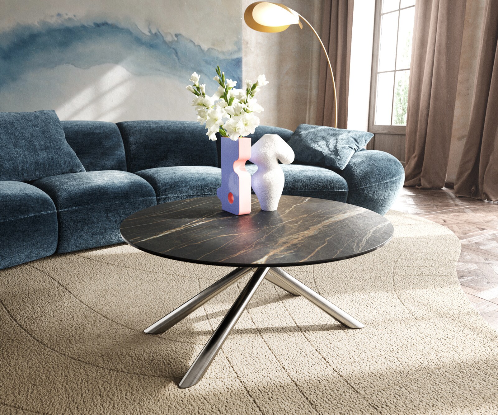 Table basse Edge rond 90x90 cm céramique Laminam® Noir Desir brun Sarity acier inoxydable brossé